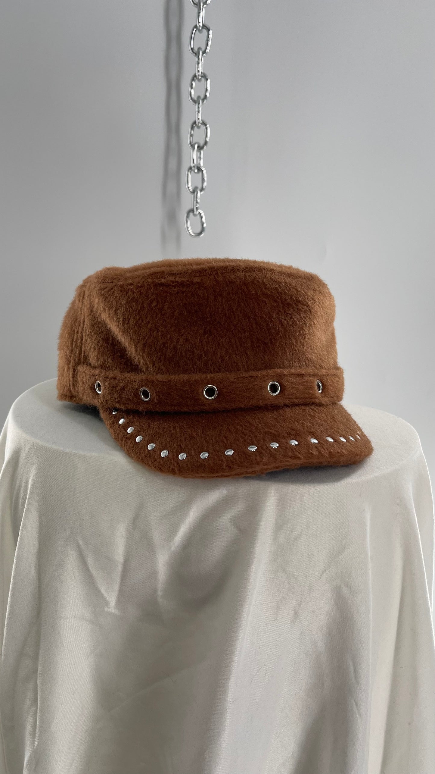 Studded Fuzzy Brown Newsboy Cap