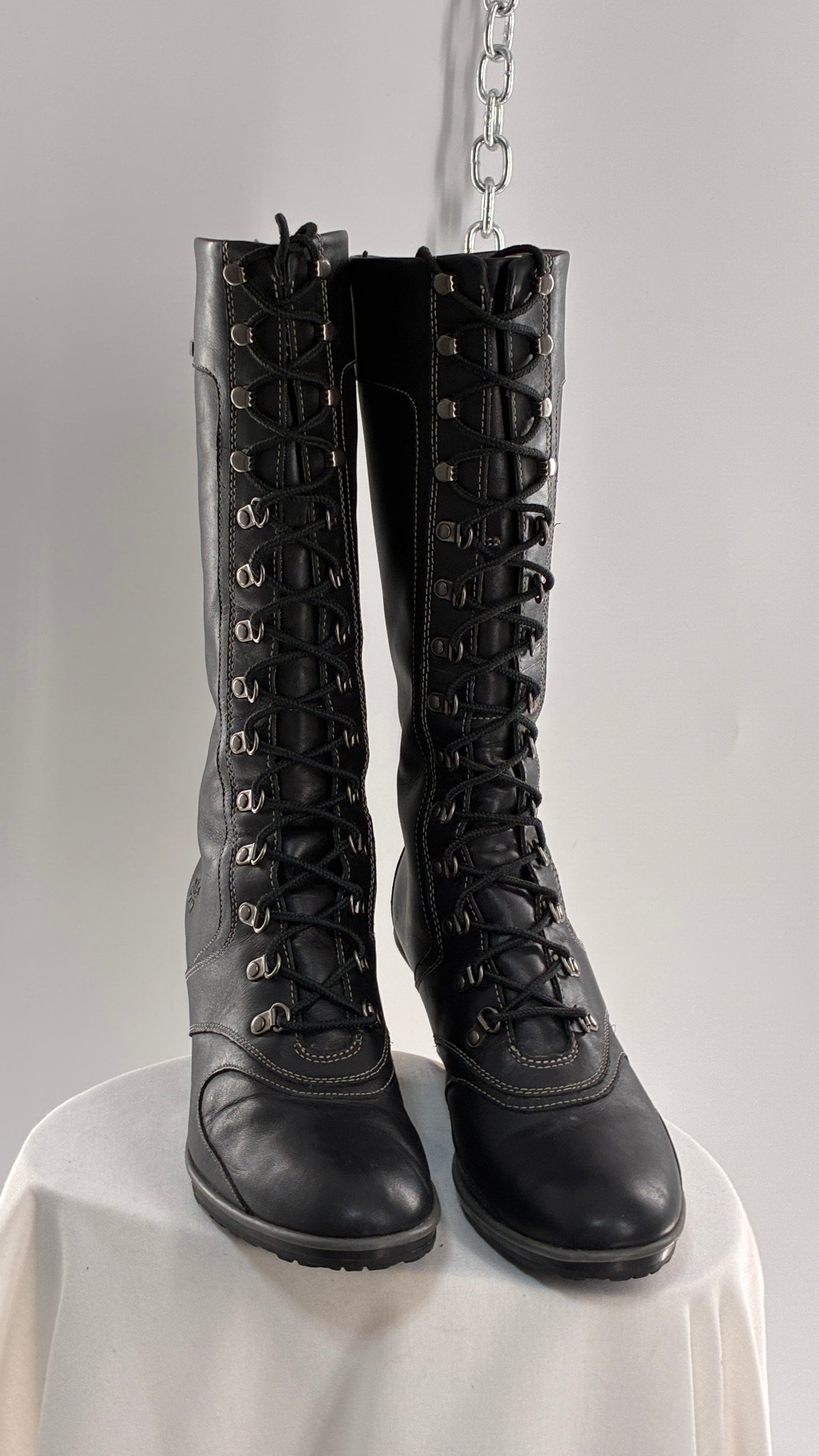 Vintage TIMBERLAND Black Genuine Leather Wedge Boots (10)