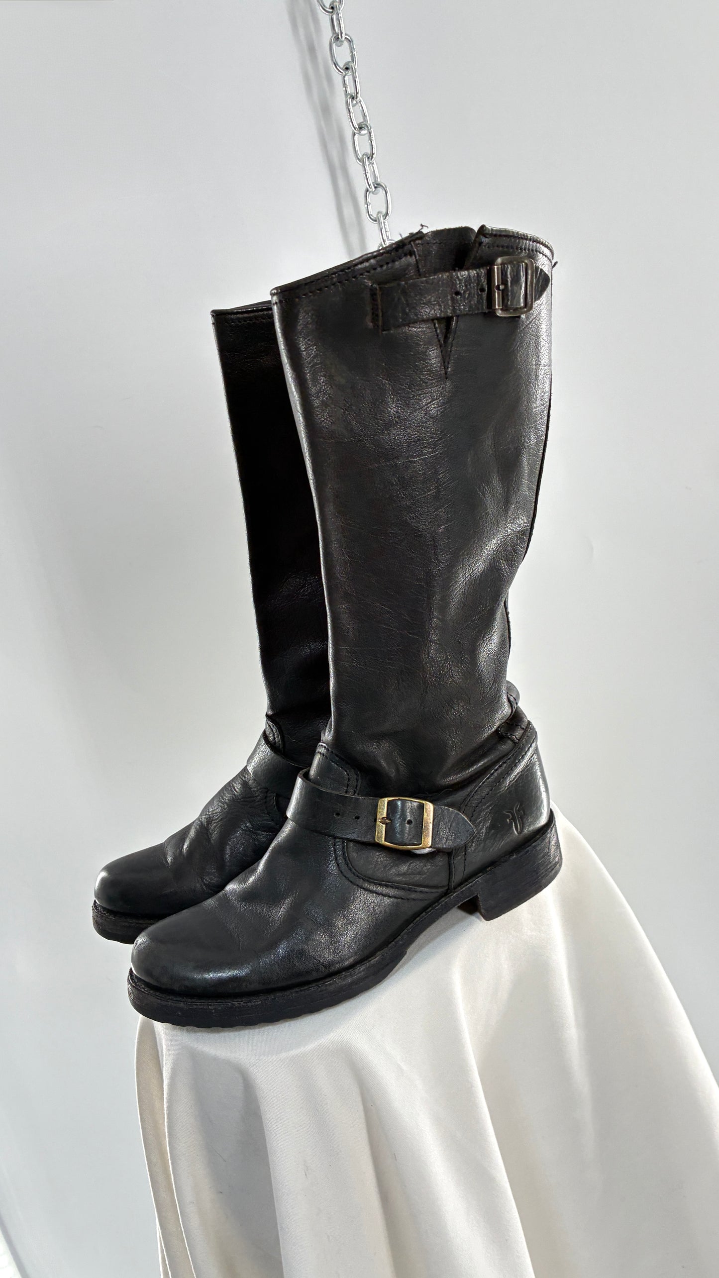Vintage FRYE Veronica Tumble Shiny Black Leather Slouch Boot (8)