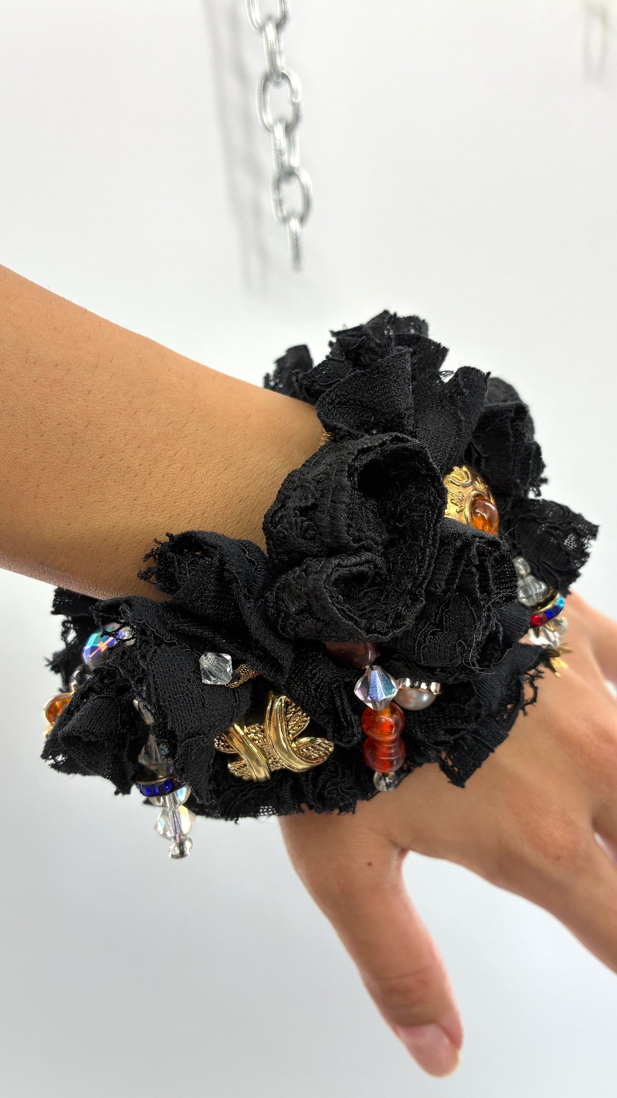 Handmade Black Rosette & Eclectic Charm Statement Cuff