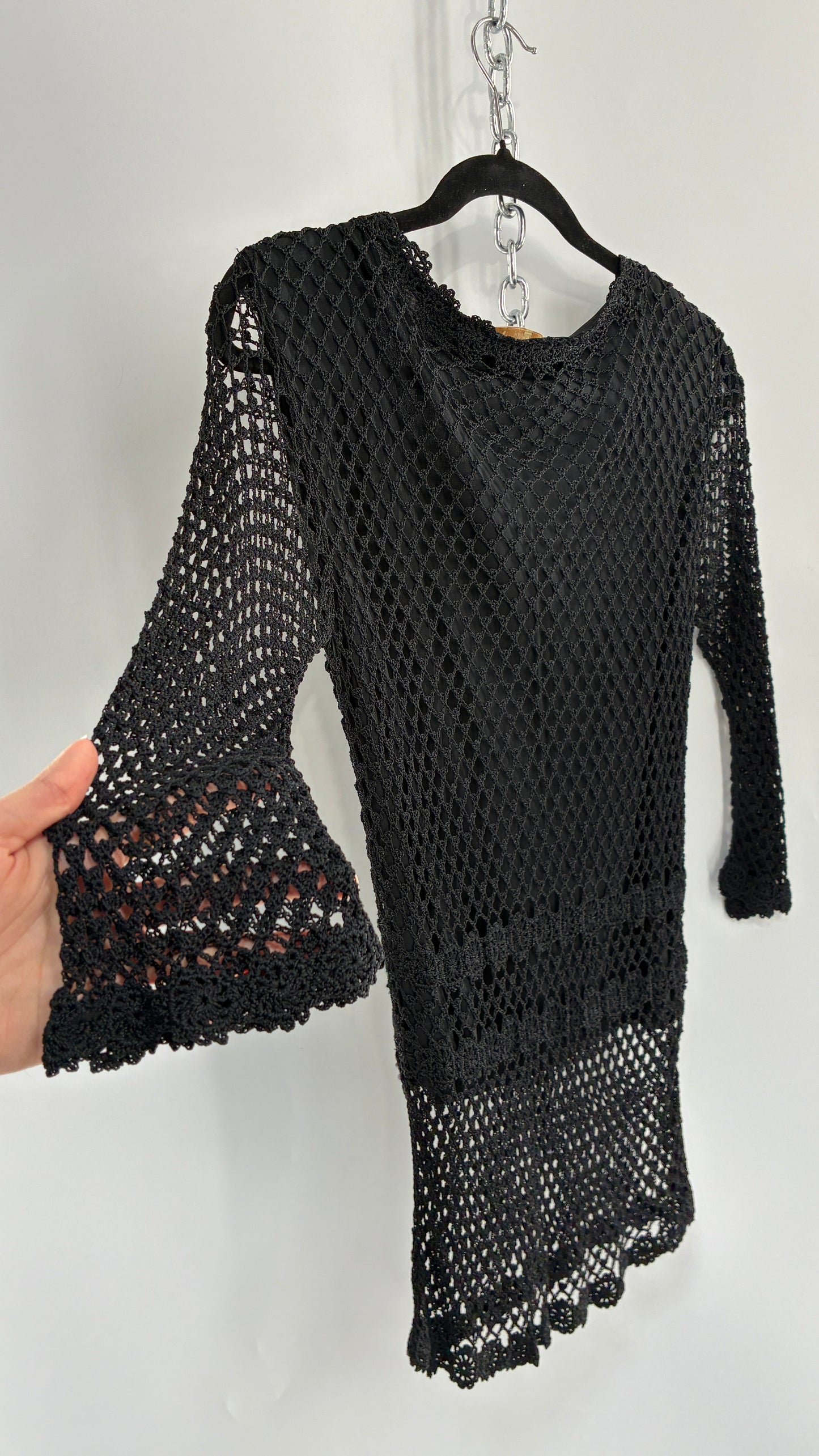 Vintage KROSHETTA by PAPILLON  Black Crochet Quarter Sleeve Blouse (Medium)