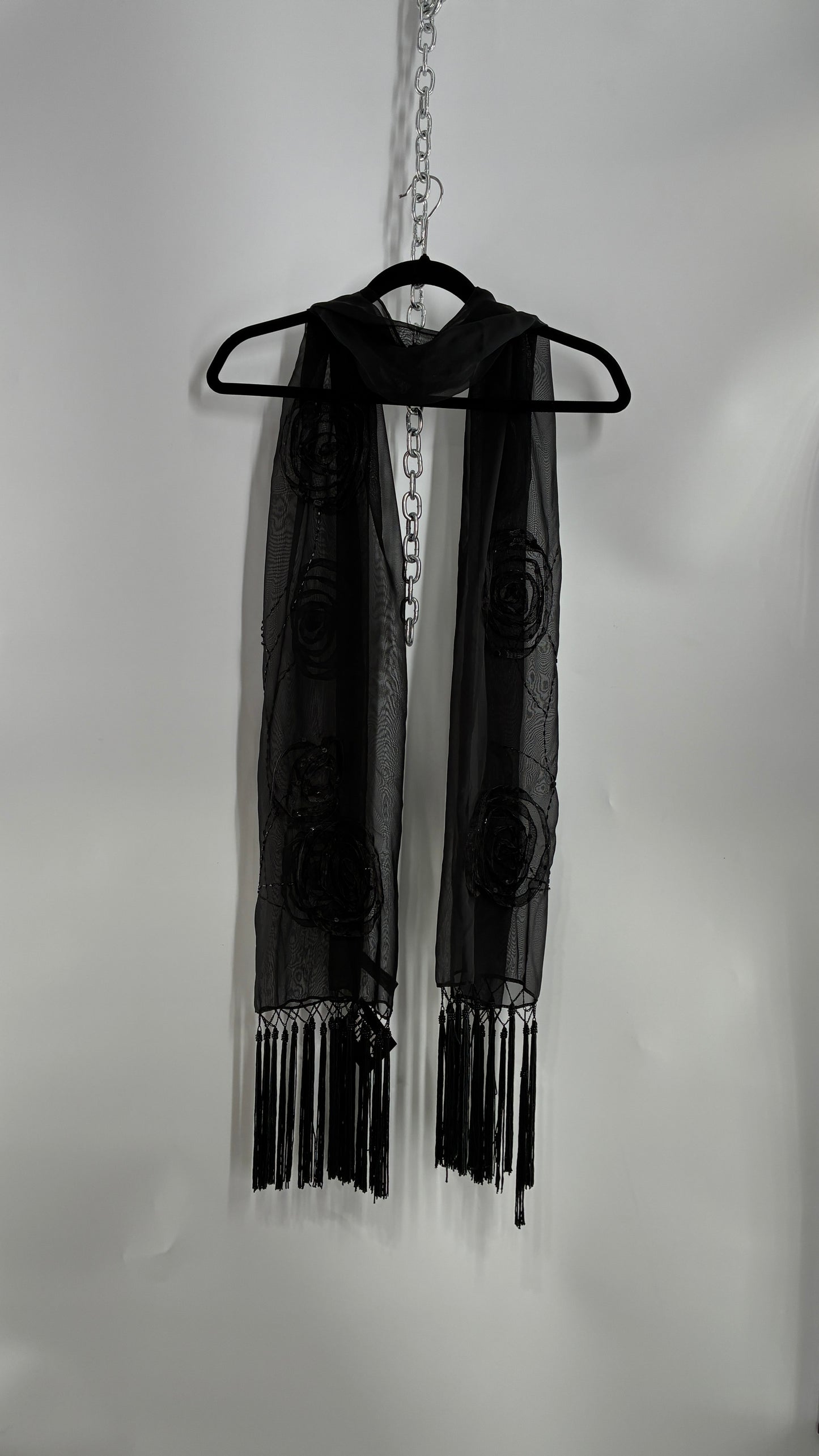 Vintage Black Beaded Scarf with Tassel Fringe and Embroidered Rosettes