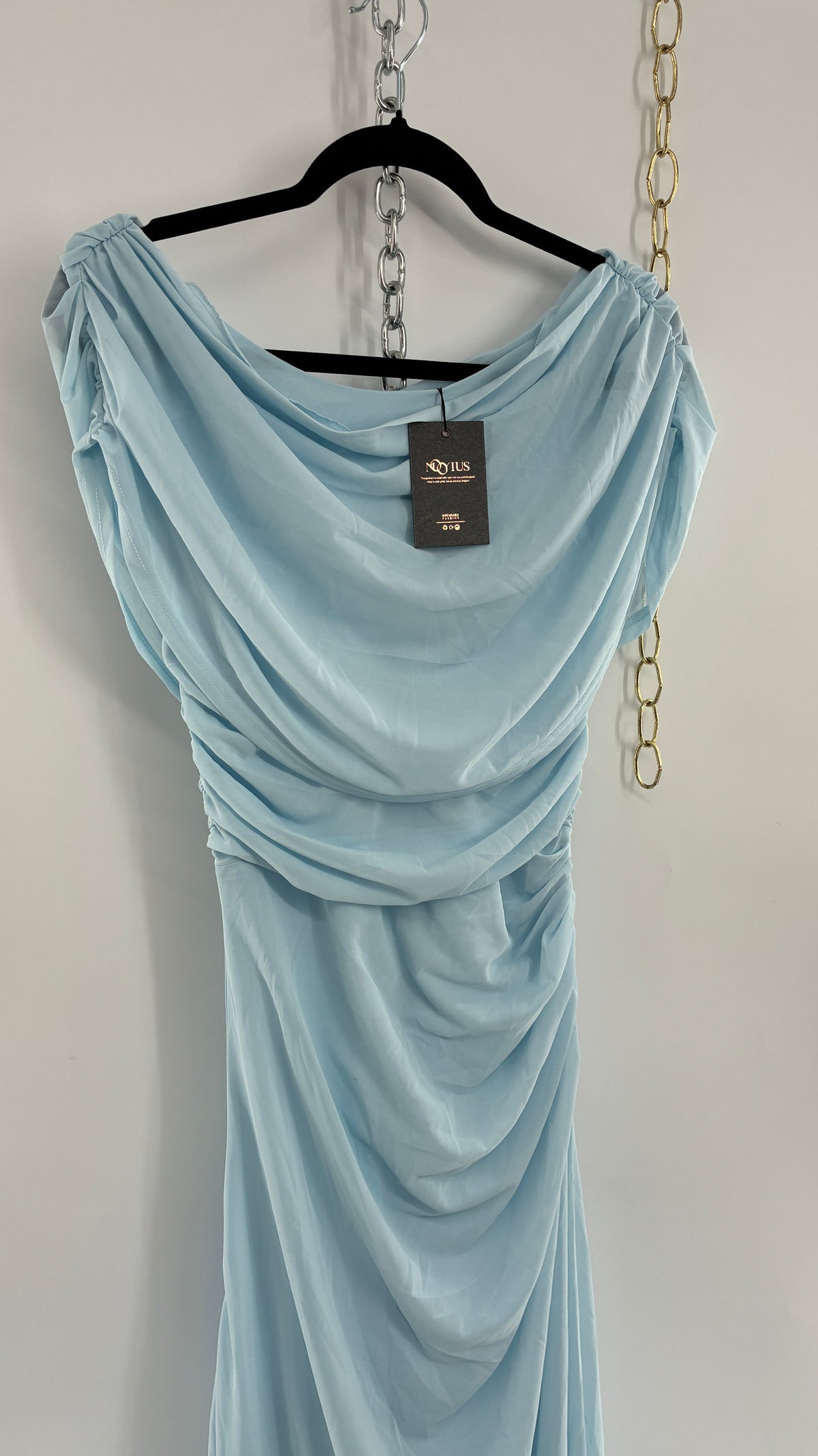 MOOYIUS Baby Blue Ruched Off Shoulder Dress with Tags (Small)