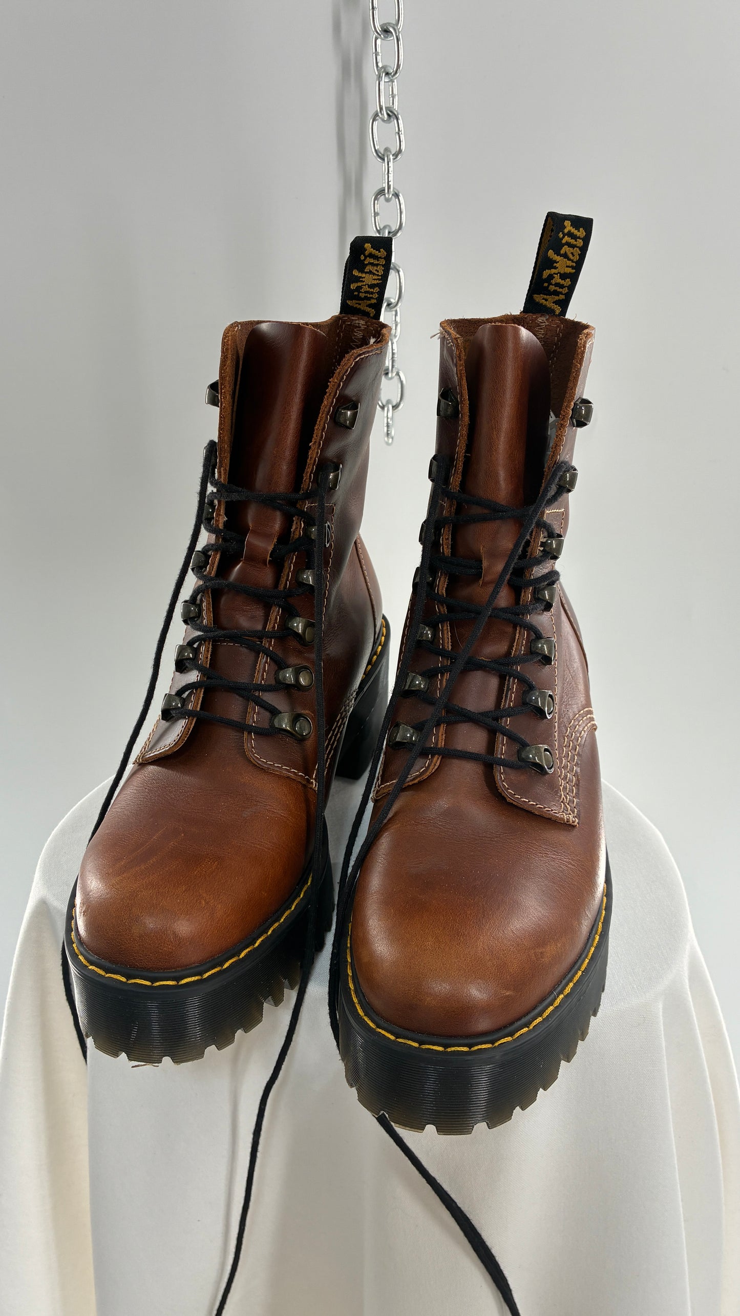 DR. MARTENS Leona Saddle Leather Platform Boots (9L)