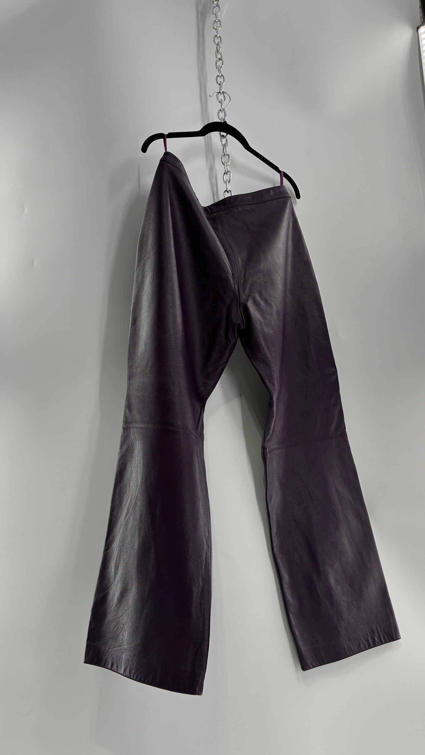 Vintage SHIN CHOI Genuine Italian Leather Purple Side Closure Low Rise Pants (12)