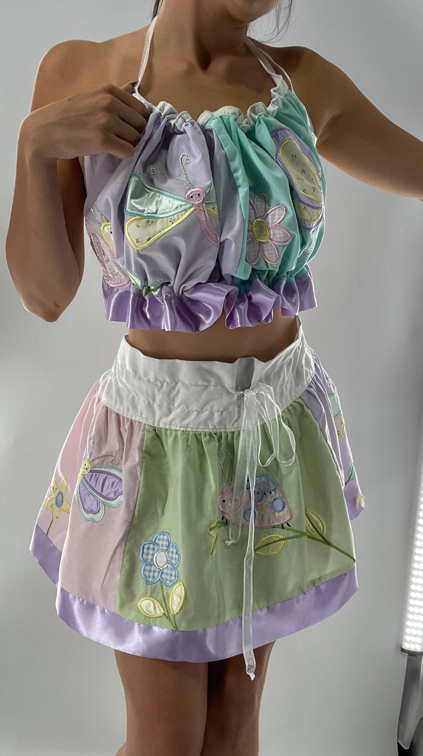 Vintage Custom 2piece Garden Gal Set Covered in Patchwork Butterflies, Dragonflies, Flowers, Snails and Pastels (One Size Fits Most)