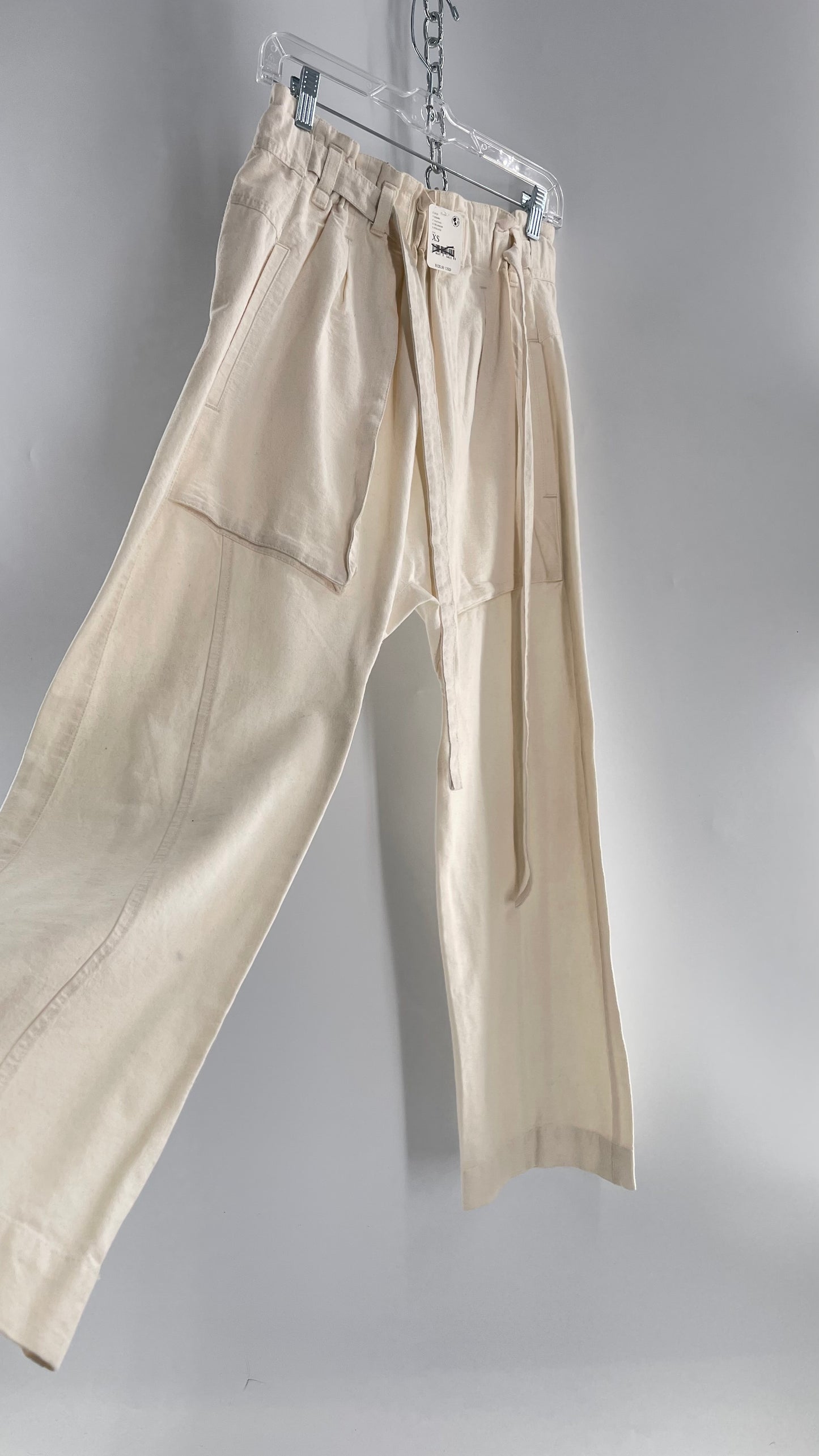 Free People Cream Color Canvas Belted Pants with Oversized Pockets and Tags Attached (XS)