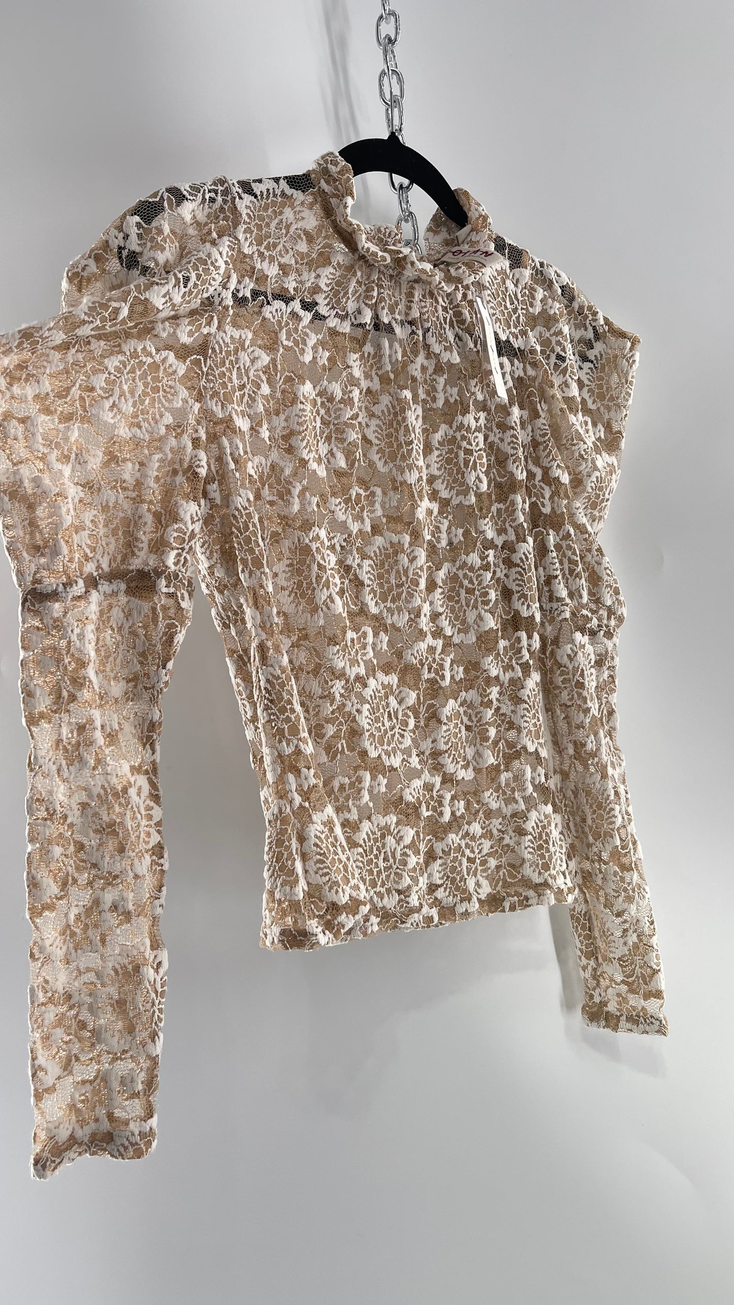 DOLAN Puff Shoulder Ruffle Neckline Tan/White Lace Long Sleeve with Tags Attached(XS)