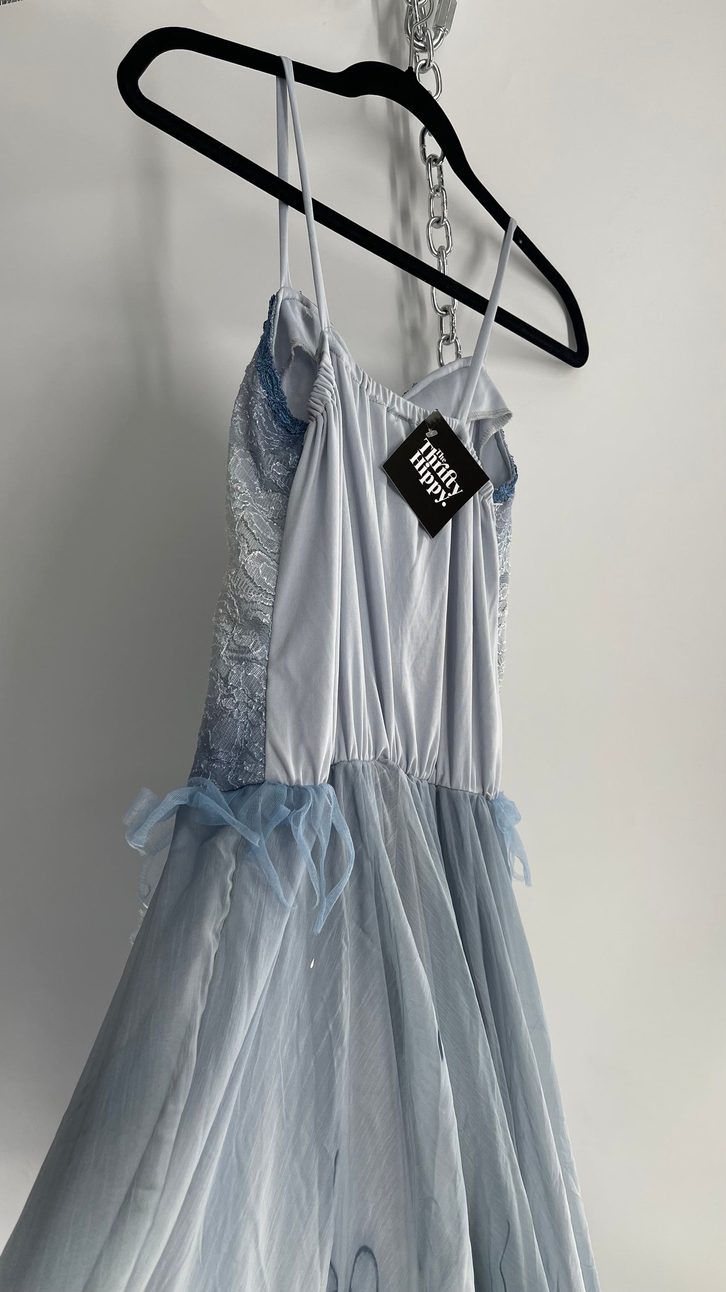 Vintage Muted Blue Corpse Bride Style Gown with Tulle, Embroidery and Ombré