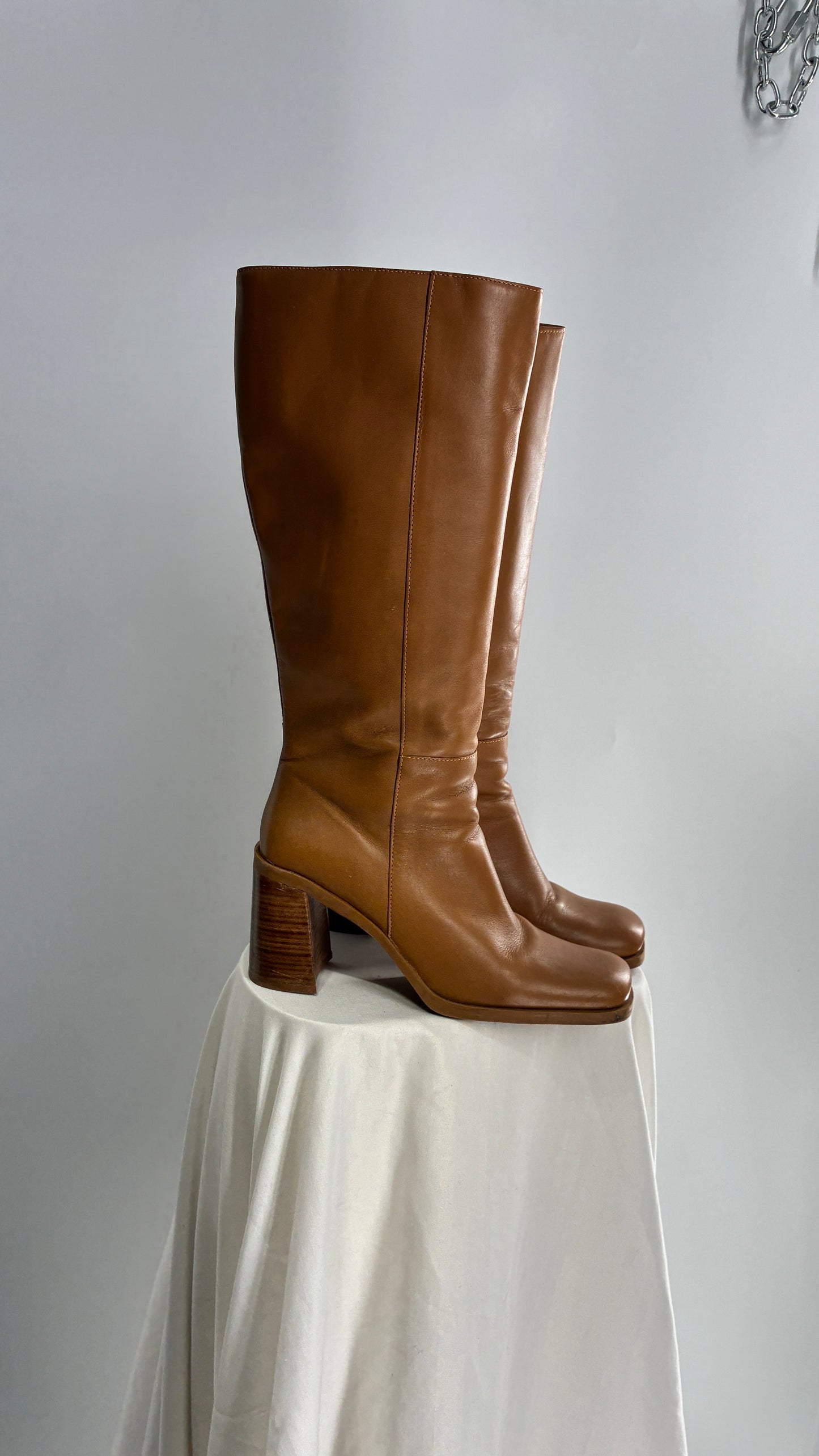 Vintage Strive Genuine Leather Square Toe Knee High Boots with Chunky Block Heel Made in Uruguay (9.5)