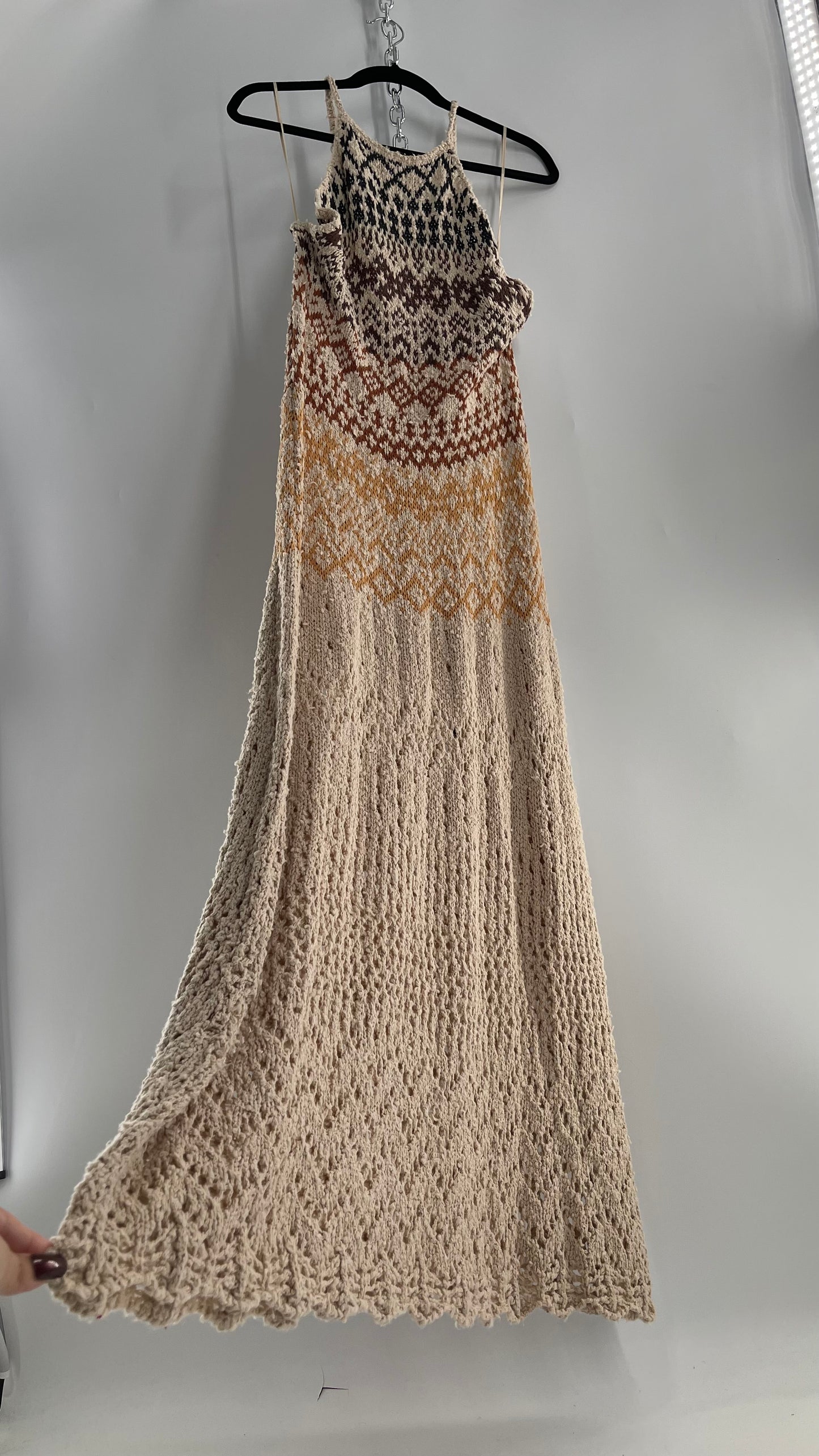 Free People Beige Ikat Oasis Knit Halter Maxi Dress (Small)