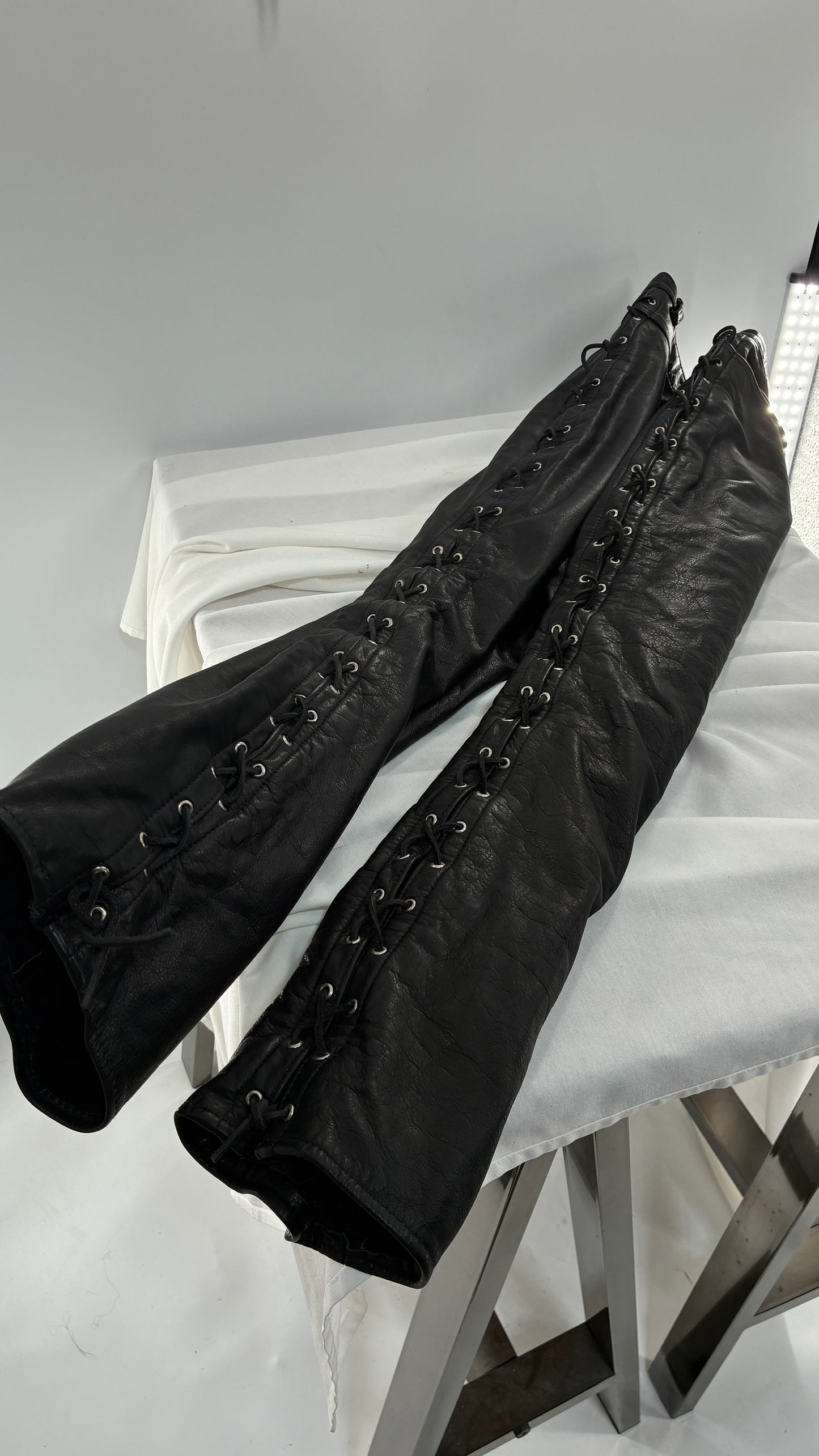 Vintage Thick Ultra Soft Black Leather Pants with Tie Up Sides (Medium)
