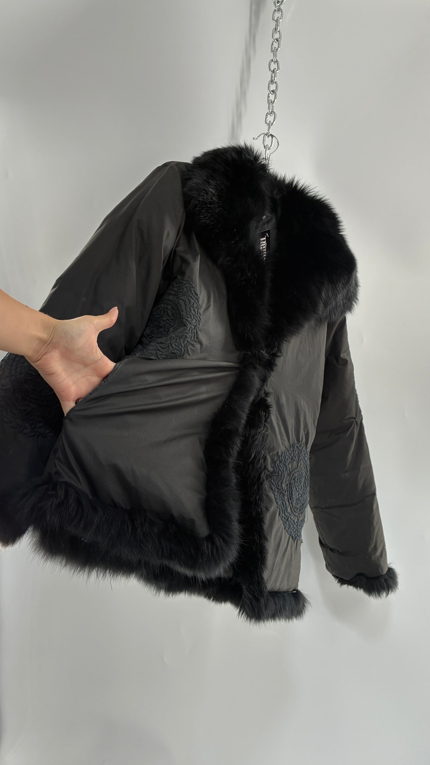 Vintage Gi & JO Black Down and Feather Puffer Jacket with Exaggerated Genuine Rabbit Fur Trim and Mandala Embroidery (Medium)
