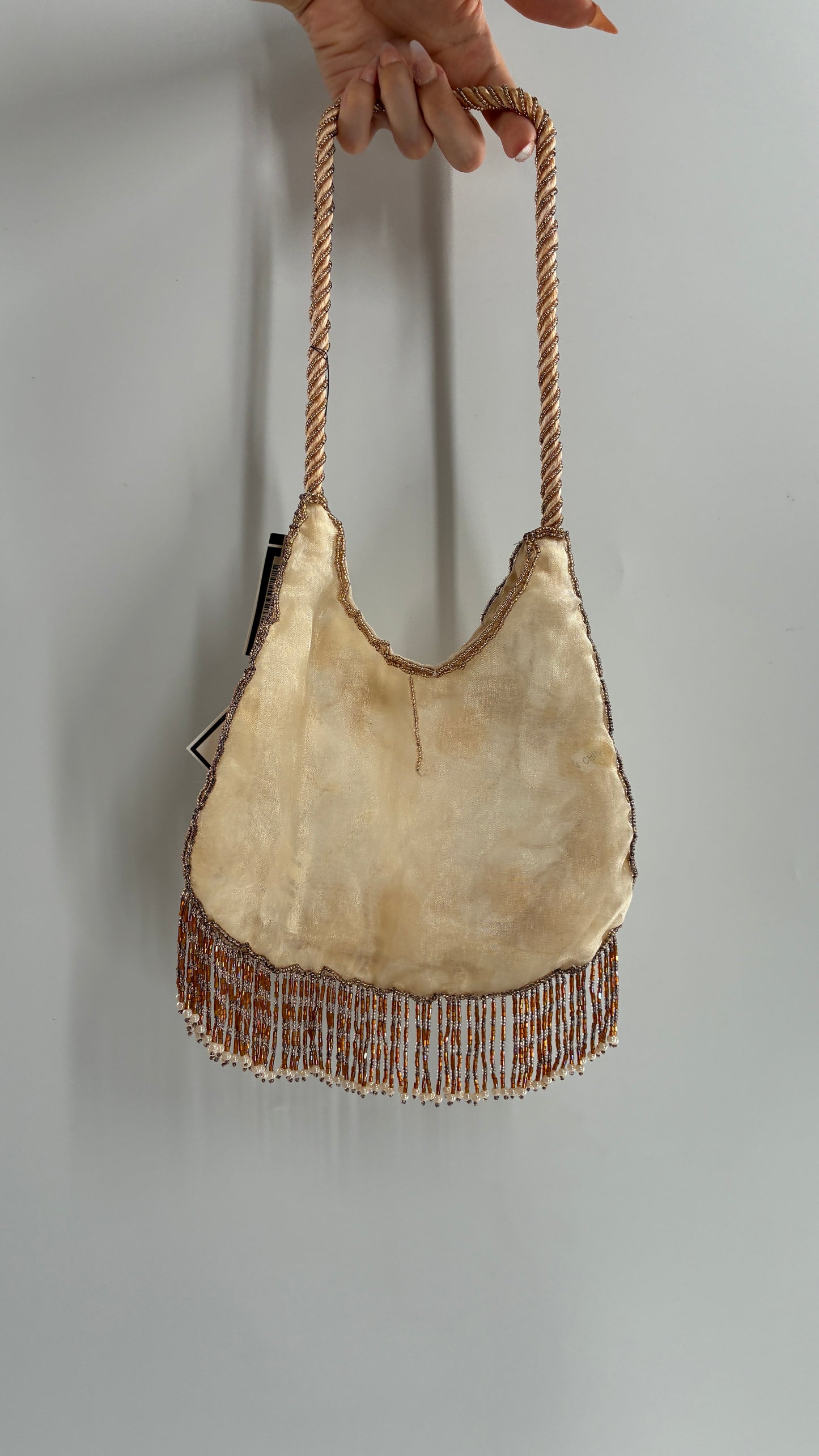 Vintage Deadstock Beige Beaded Fringe Purse with Embroidered Beaded Florals