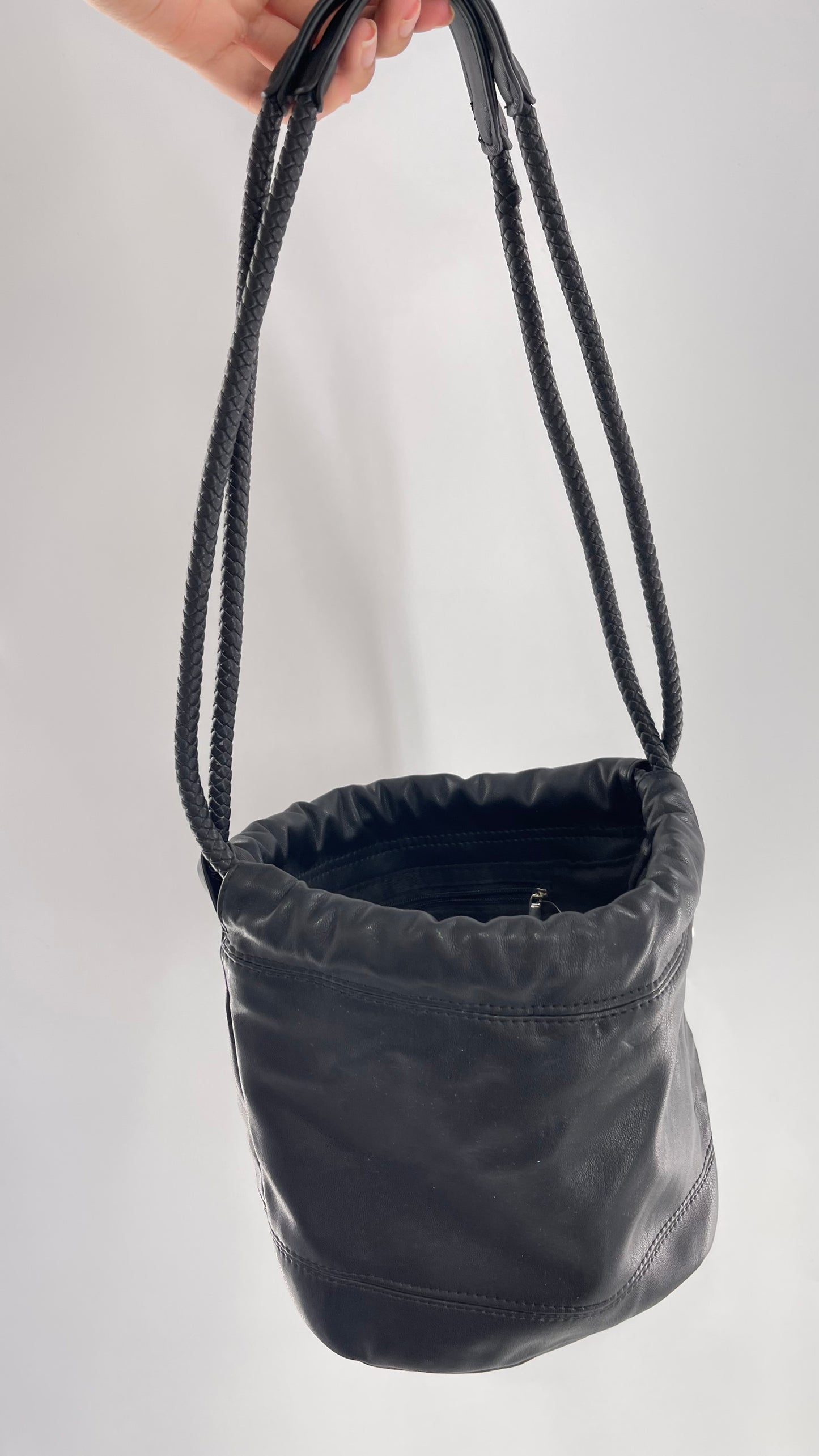 Urban Outfitters Black Adjustable Bucket Tank Vegan Leather Bag with Braided Handles