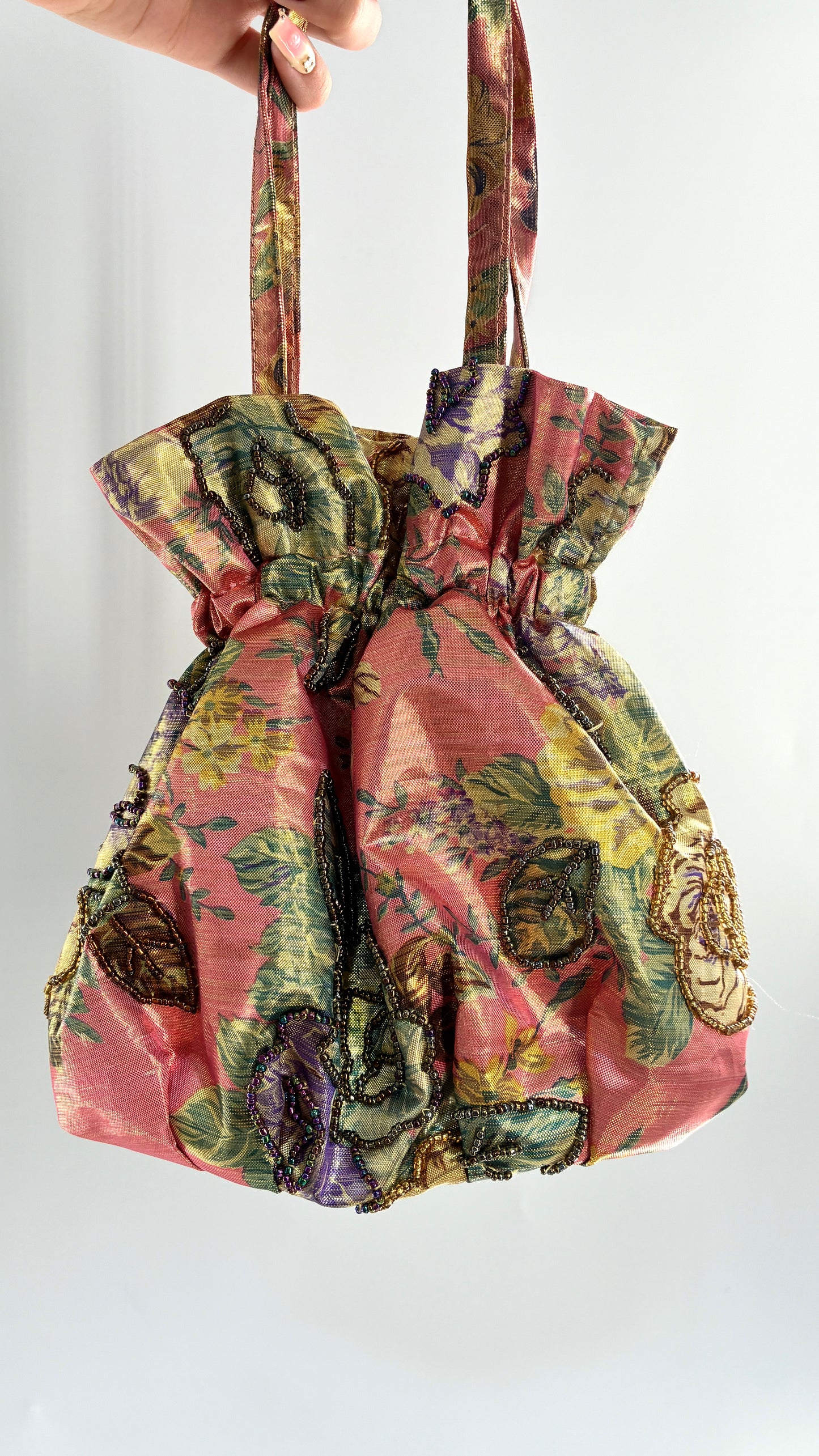 Vintage Metallic Cinch Bag with Beaded Florals
