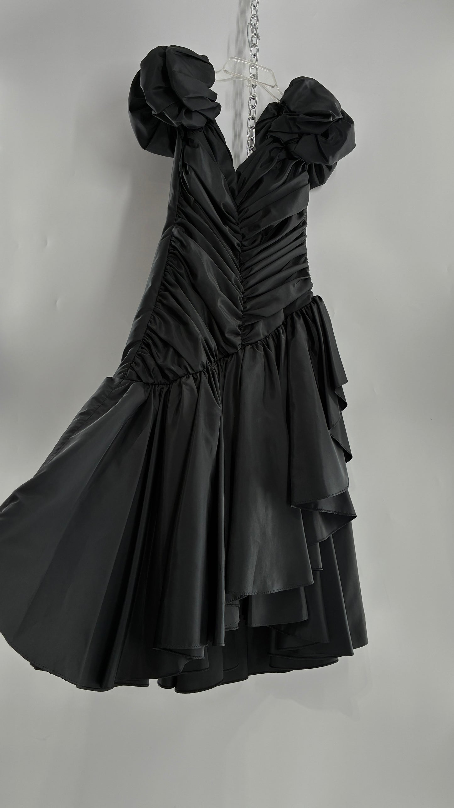 Vintage 1980s Black Gown with Ruched Bodice, Exaggerated Puff Sleeves, and Tiered Skirt (Measured)