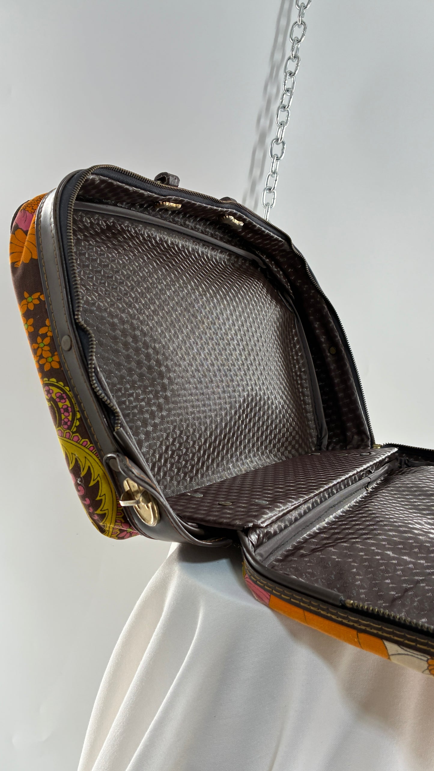 Vintage 1970s Brown Briefcase with Warm Tone Flowers