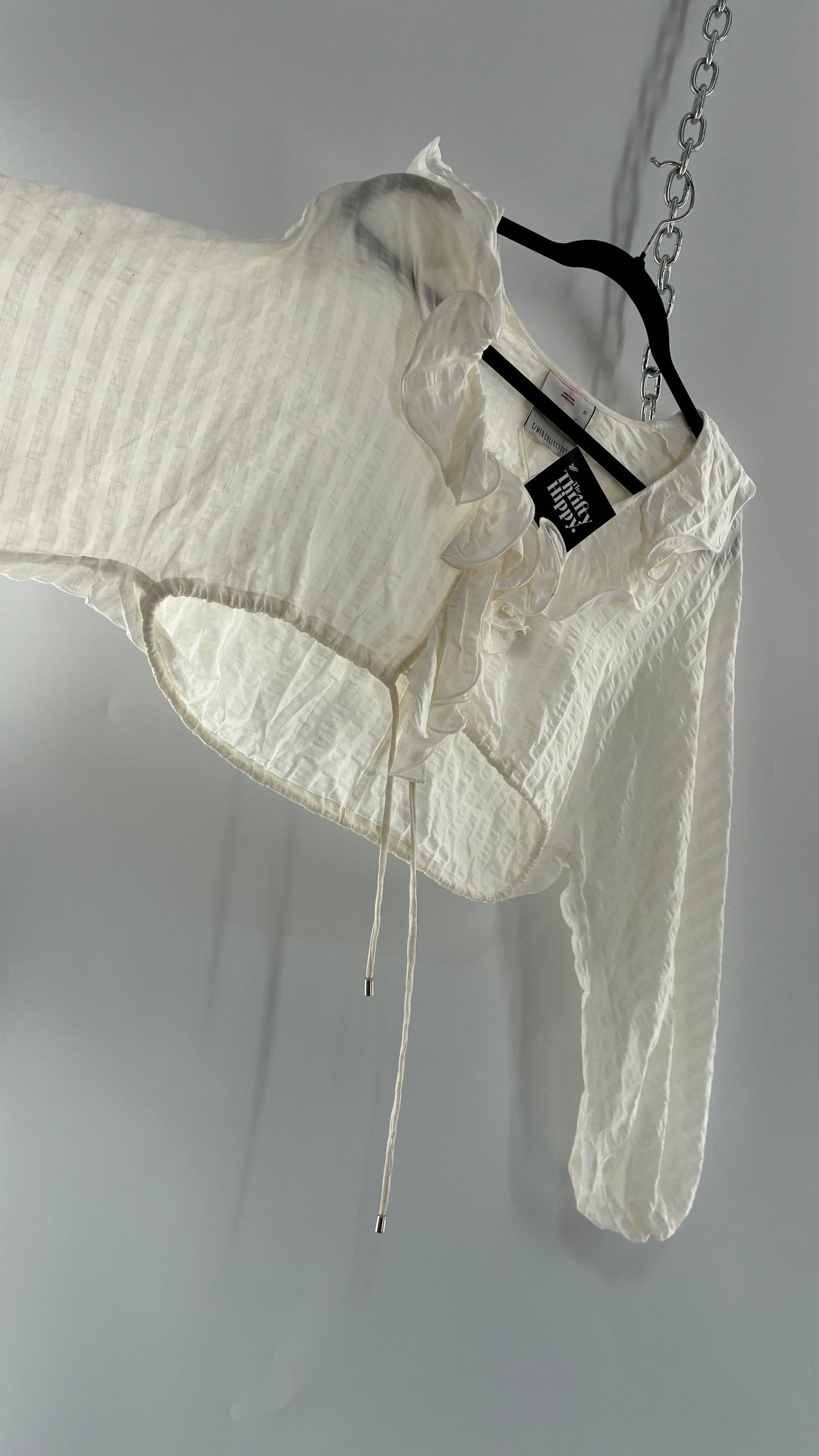 CMEO Collective White Balloon Sleeve Blouse with Ruffled, Button Up Neckline and Adjustable Drawstring Waist (XS 0-2)