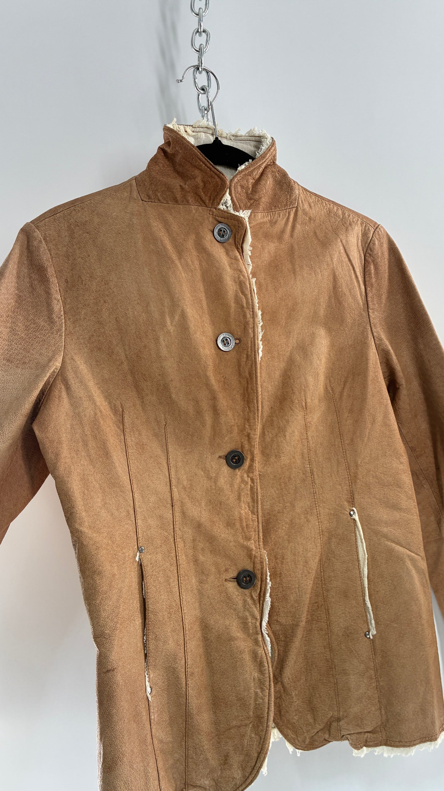 Vintage JAKETT Tan Leather Jacker with Cotton Raw Edge Trim+ Lining and buttoned Cuffs (Medium)