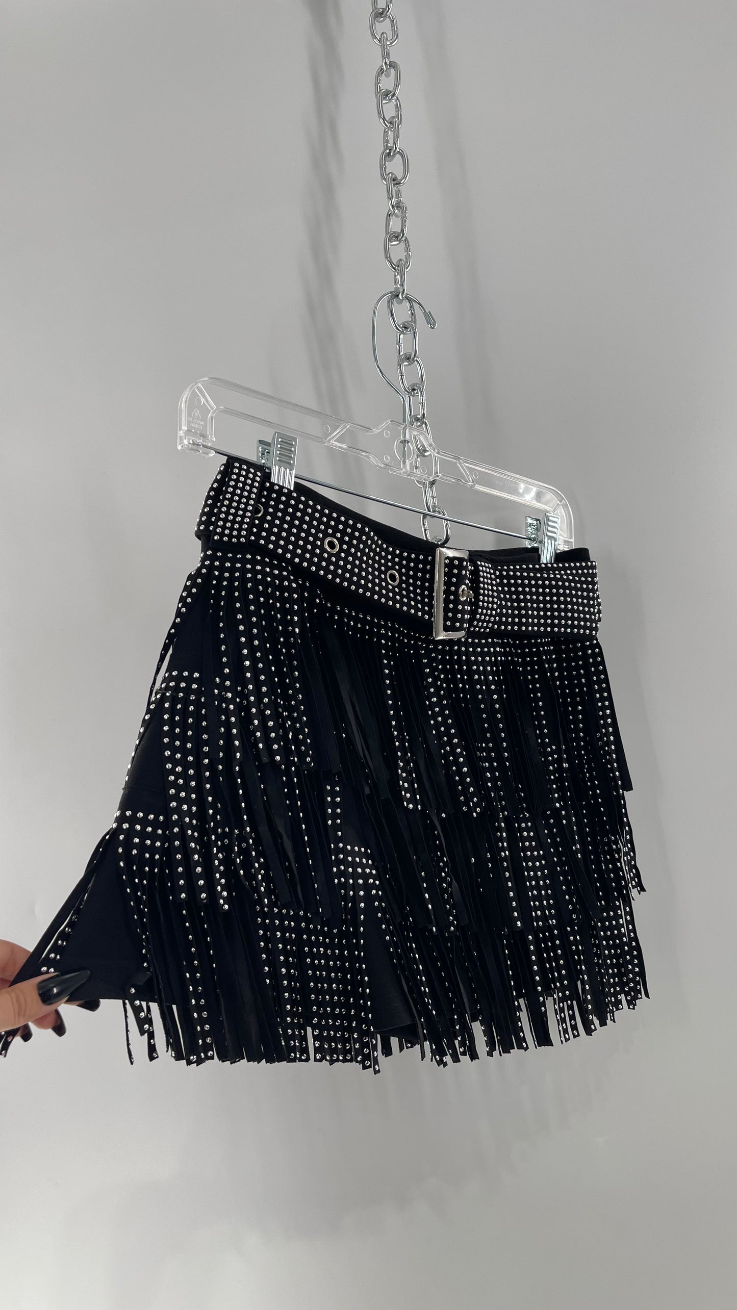 Altar’d State Black Belted Studded Fringe Mini Skirt with Tags Attached (Small)