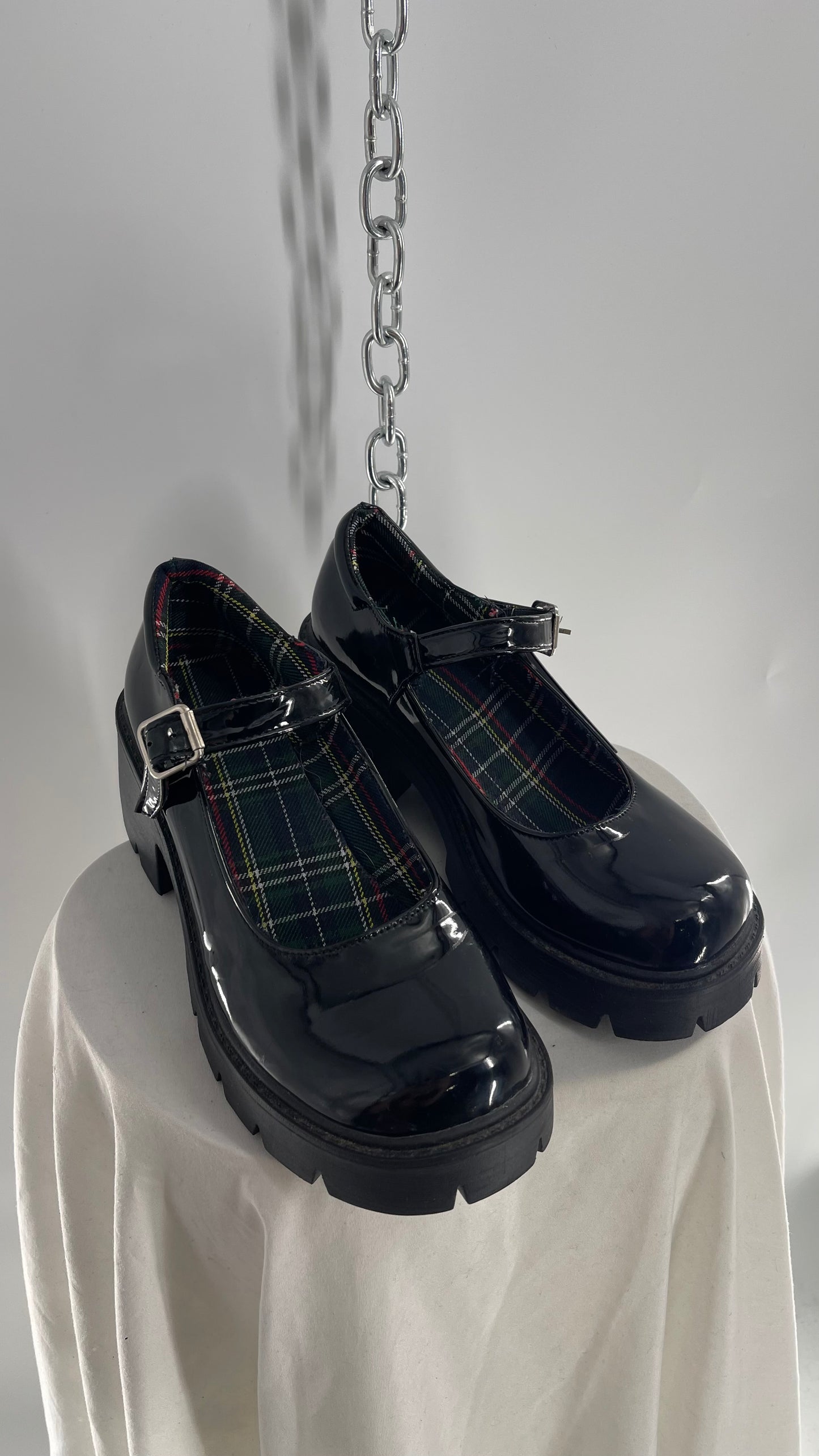 Black Patent Mary Janes with Chunky Platform and Plaid Lining (8)