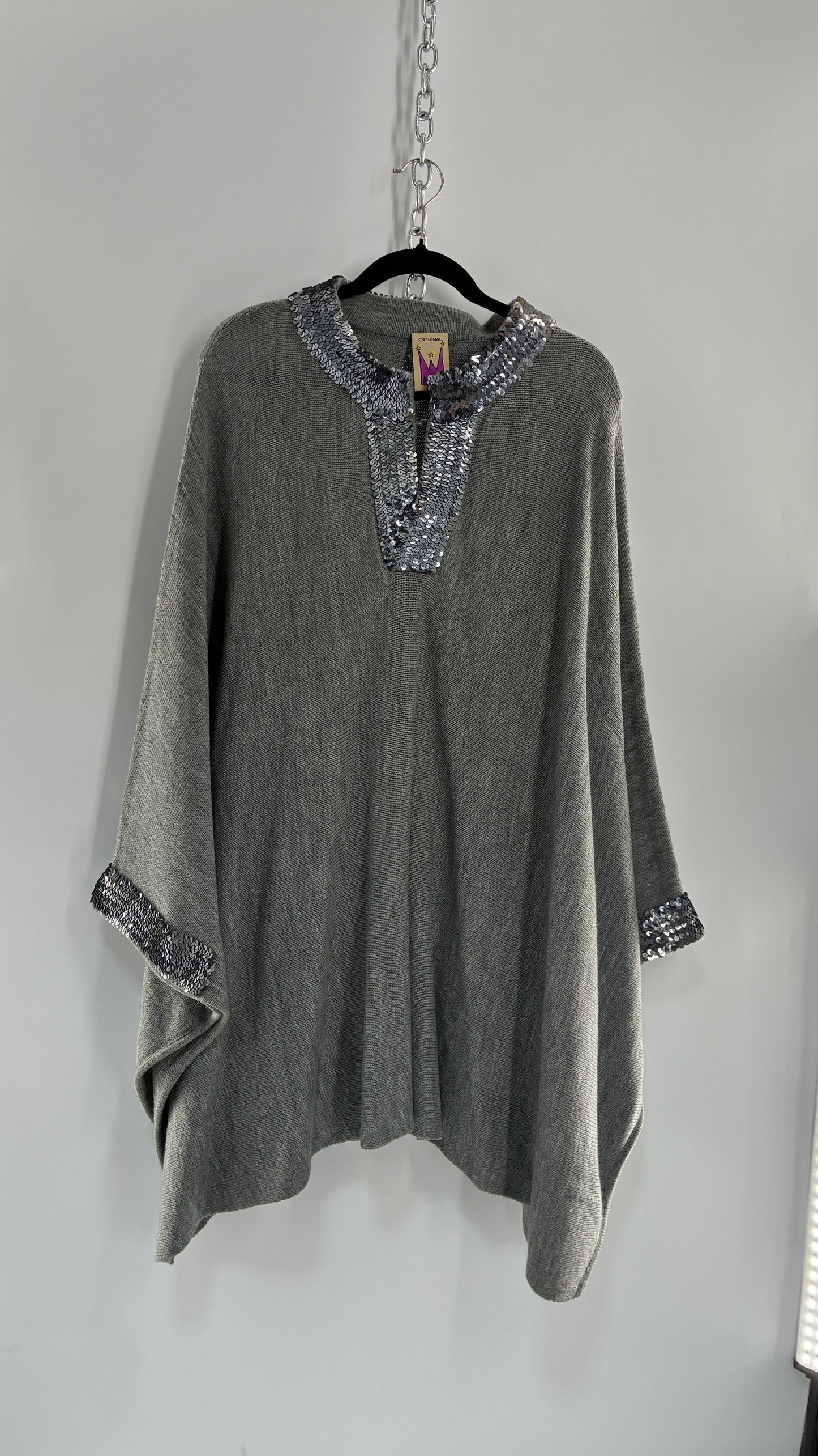 Vintage Original Anthony Gray Knit Poncho with Sequin Neckline and Sleeve Detail (Women’s Petite)