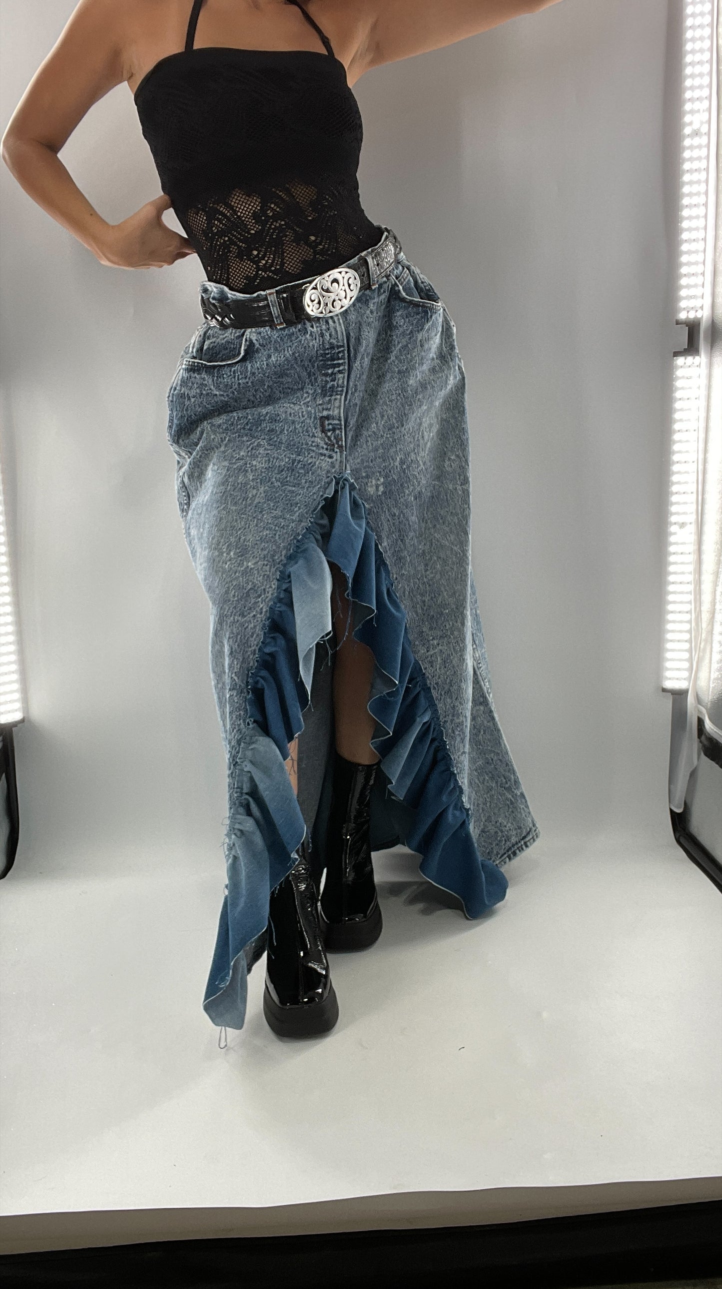 Custom Handmade Acid Wash Denim Slit Front Ruffled Skirt with Bow Bum (Large)