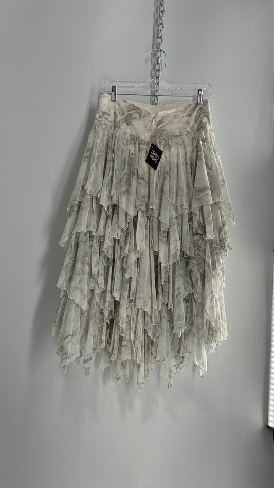 Free People Layered, Tiered Voluminous White and Grey Watercolor Full Skirt with Tags Attached (4)