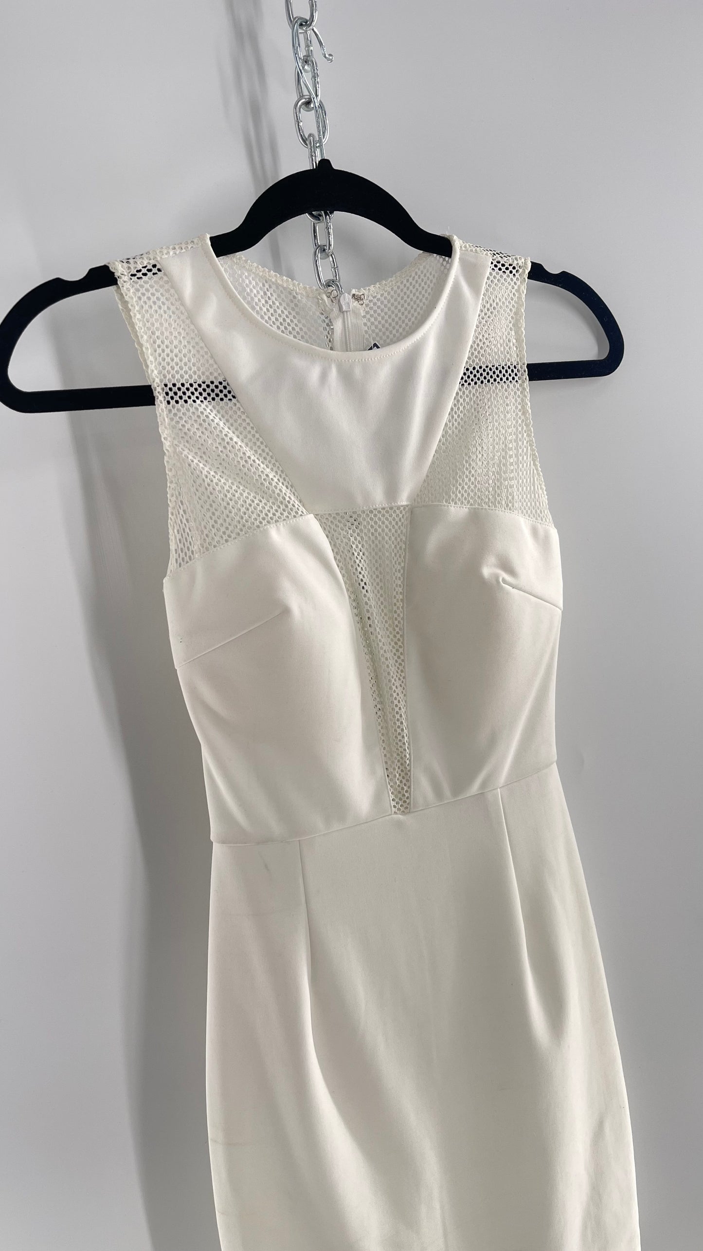 Rare London White Mesh Bodycon Mini Dress with Sheer Back and Padded Bust (XS)