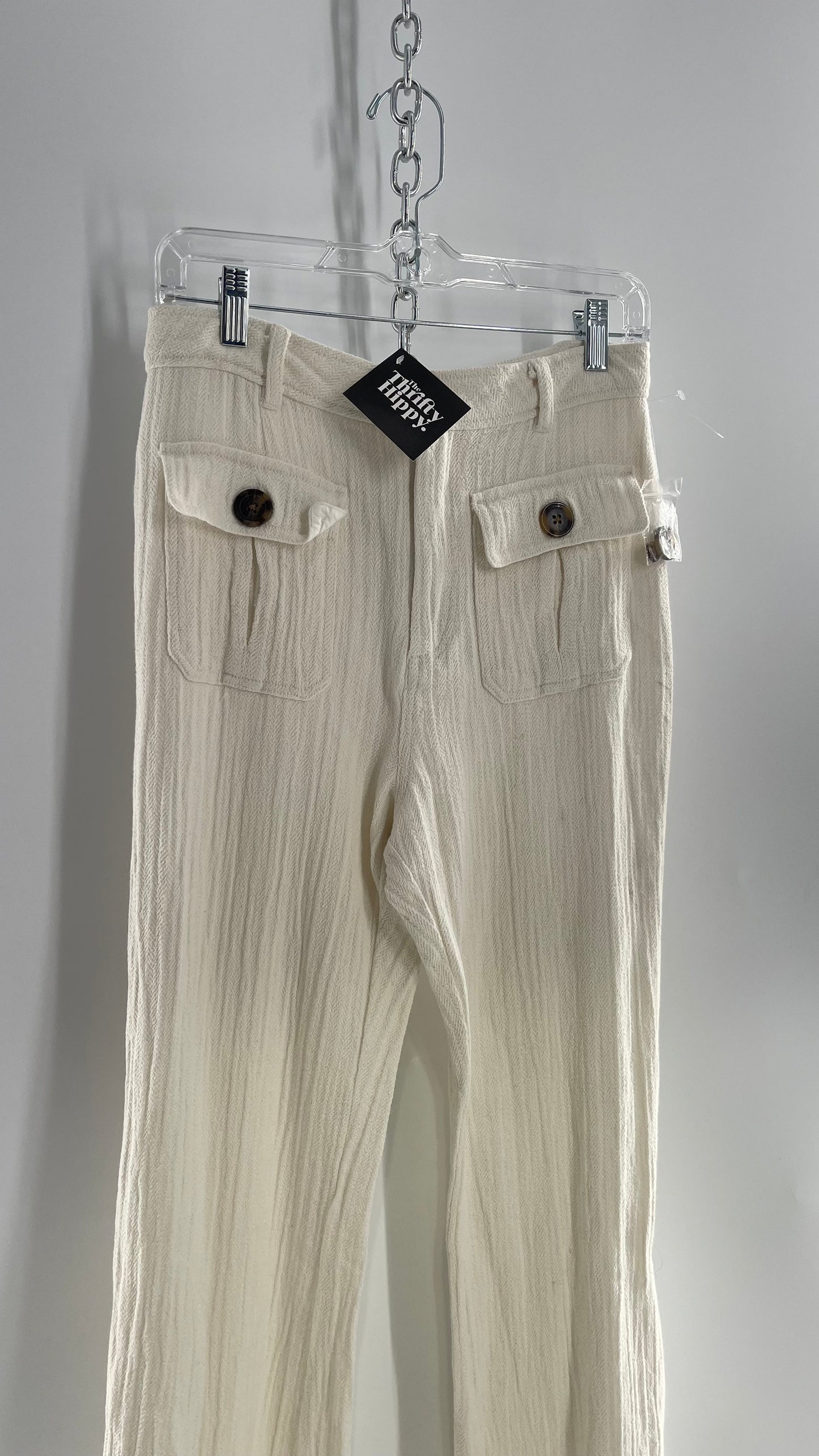 Free People White 55% Linen 45% Cotton Crimped Kickflare with Double Pockets and Brown Tropical Style Button (8)