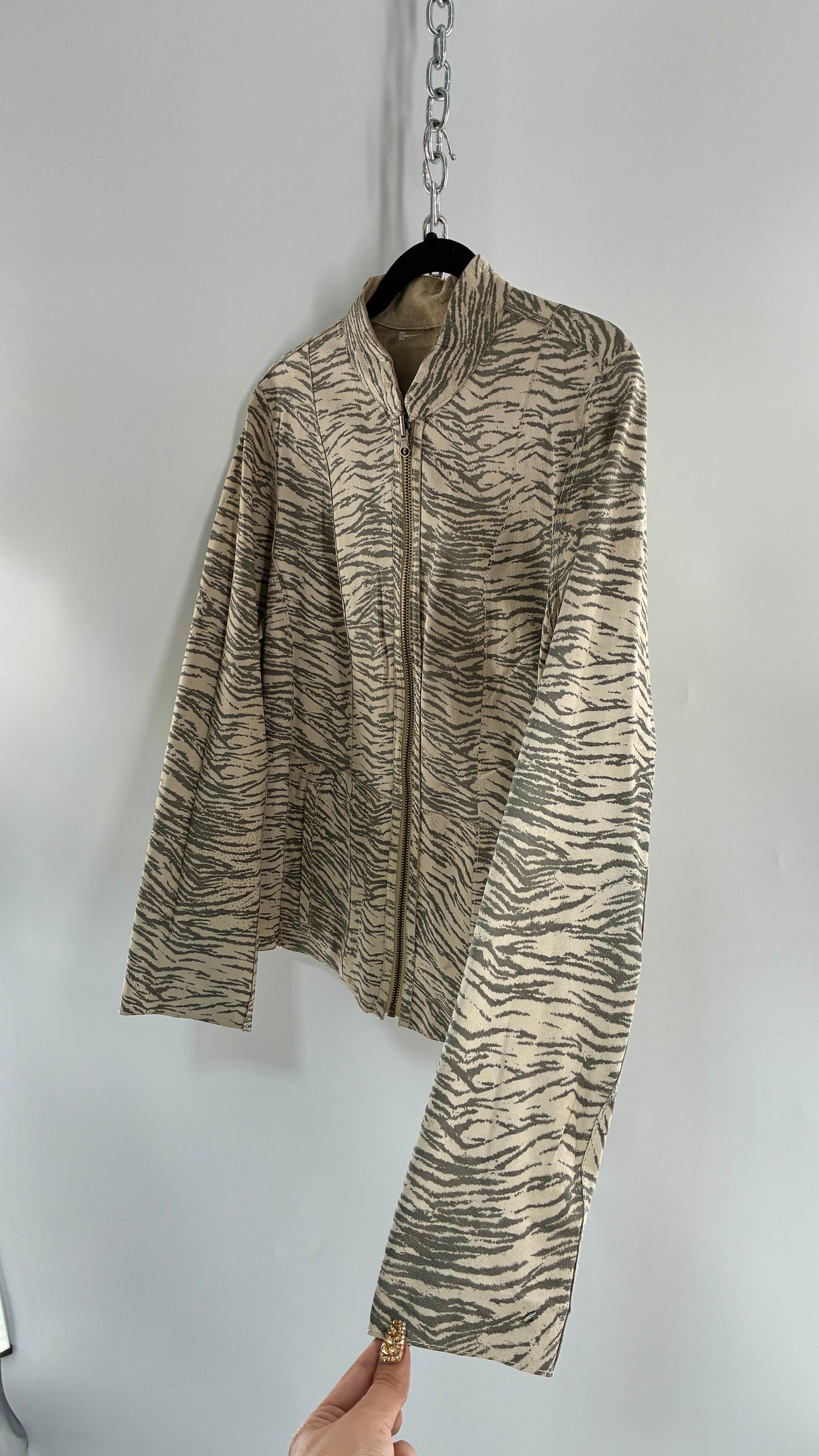 Vintage Reversible Thin Genuine Suede Leather Zip Up Jacket Beige/Zebra (Medium)