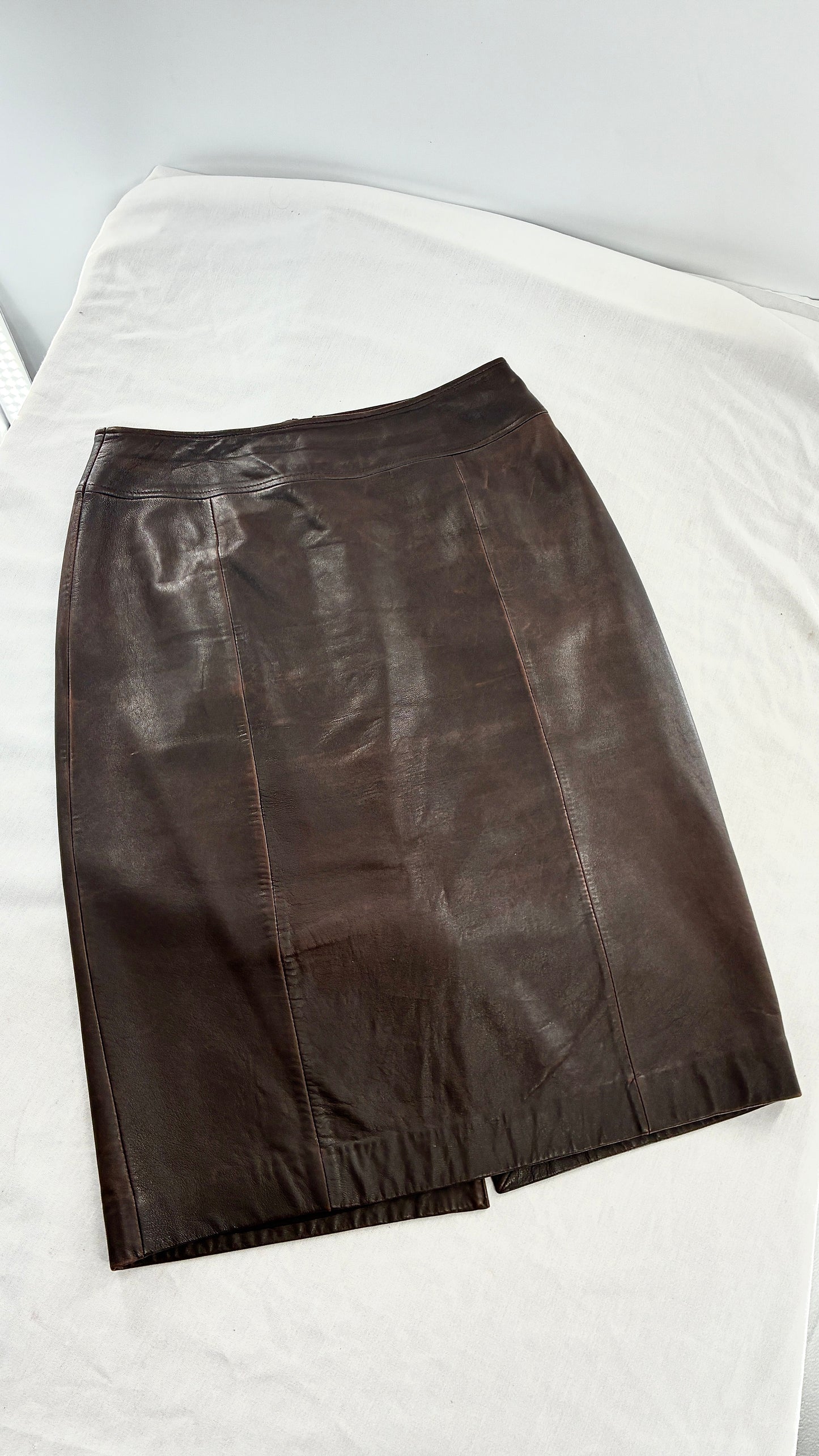 Vintage BROOKS BROTHERS Brown Distressed Genuine Leather Skirt (6)