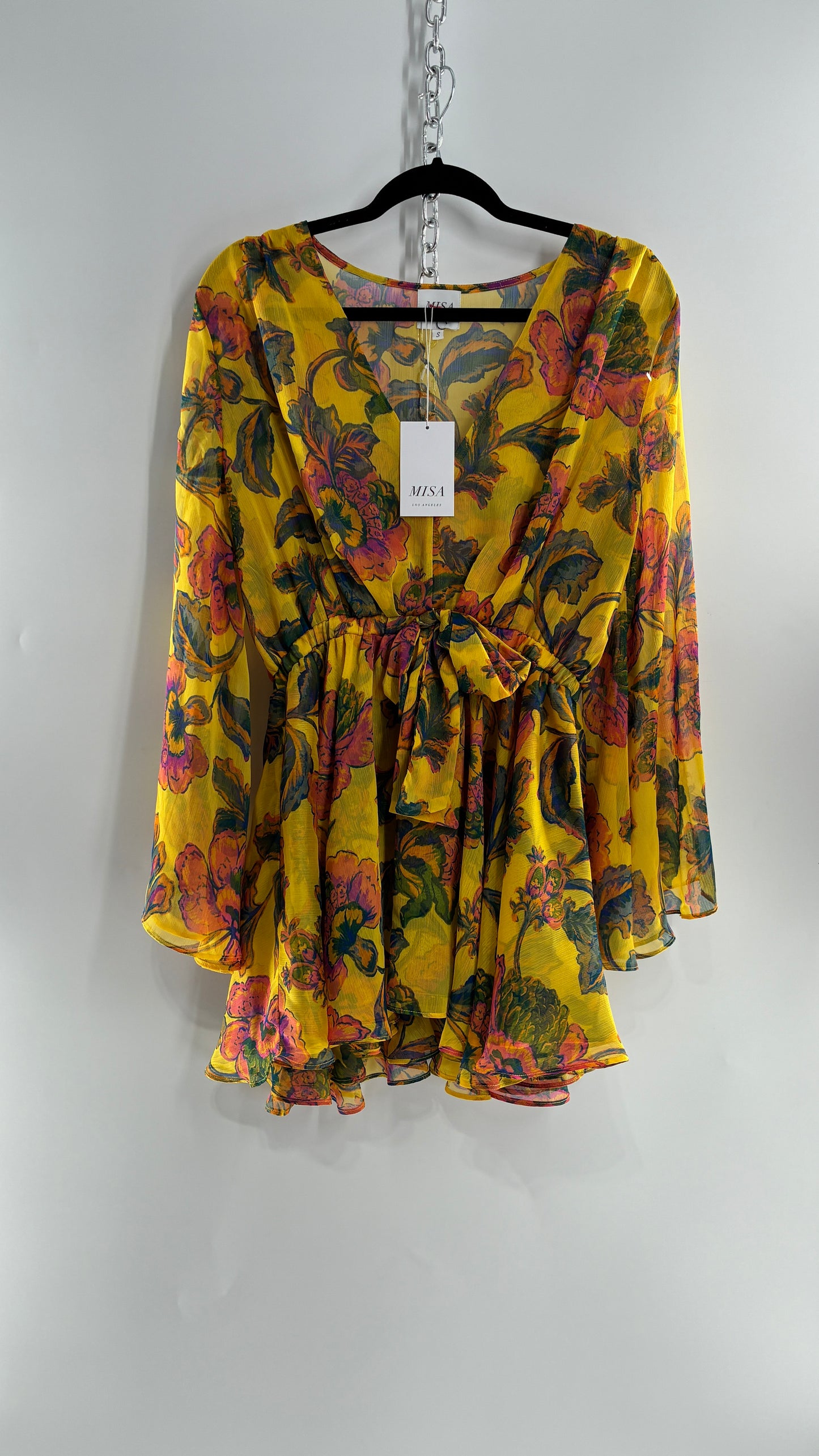 MISA Los Angeles KAIA Yellow Floral Bell Sleeve Long Sleeve Top/Micro Mini Dress with Tags (Small)