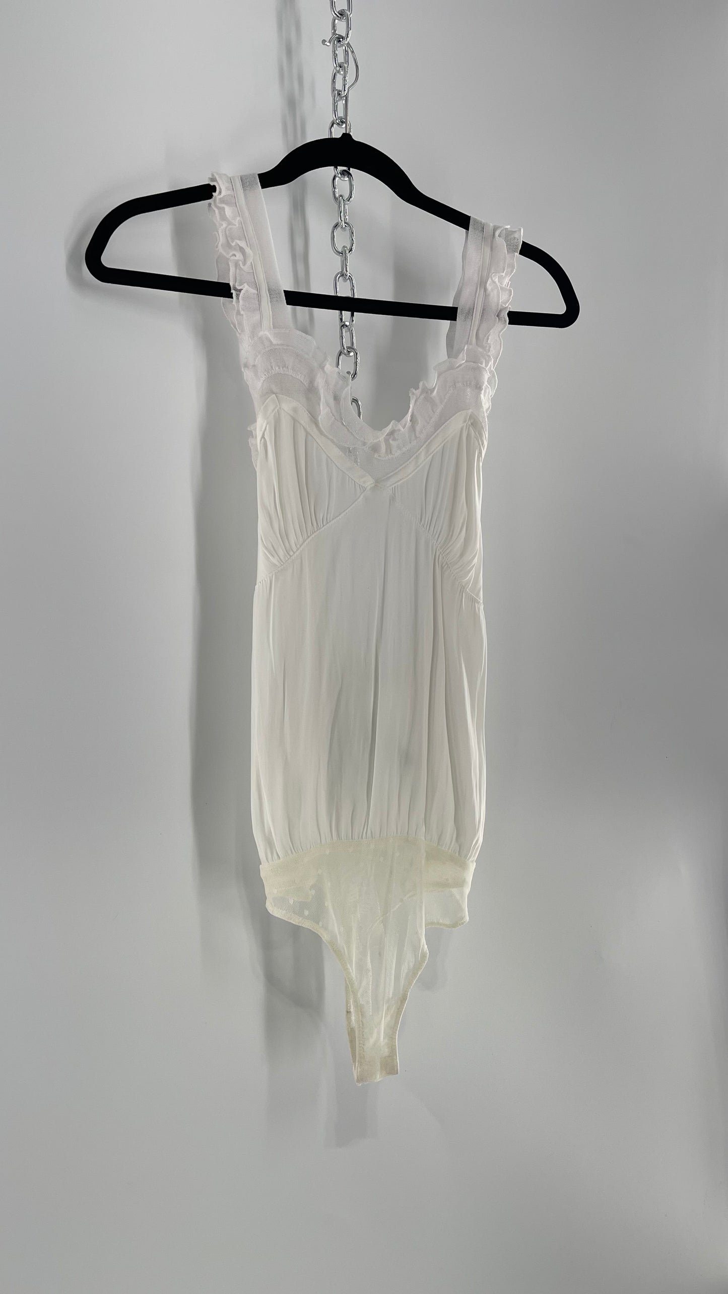 Free People White Silky Soft Bodysuit with Ruffled Bust-line and Straps (M)
