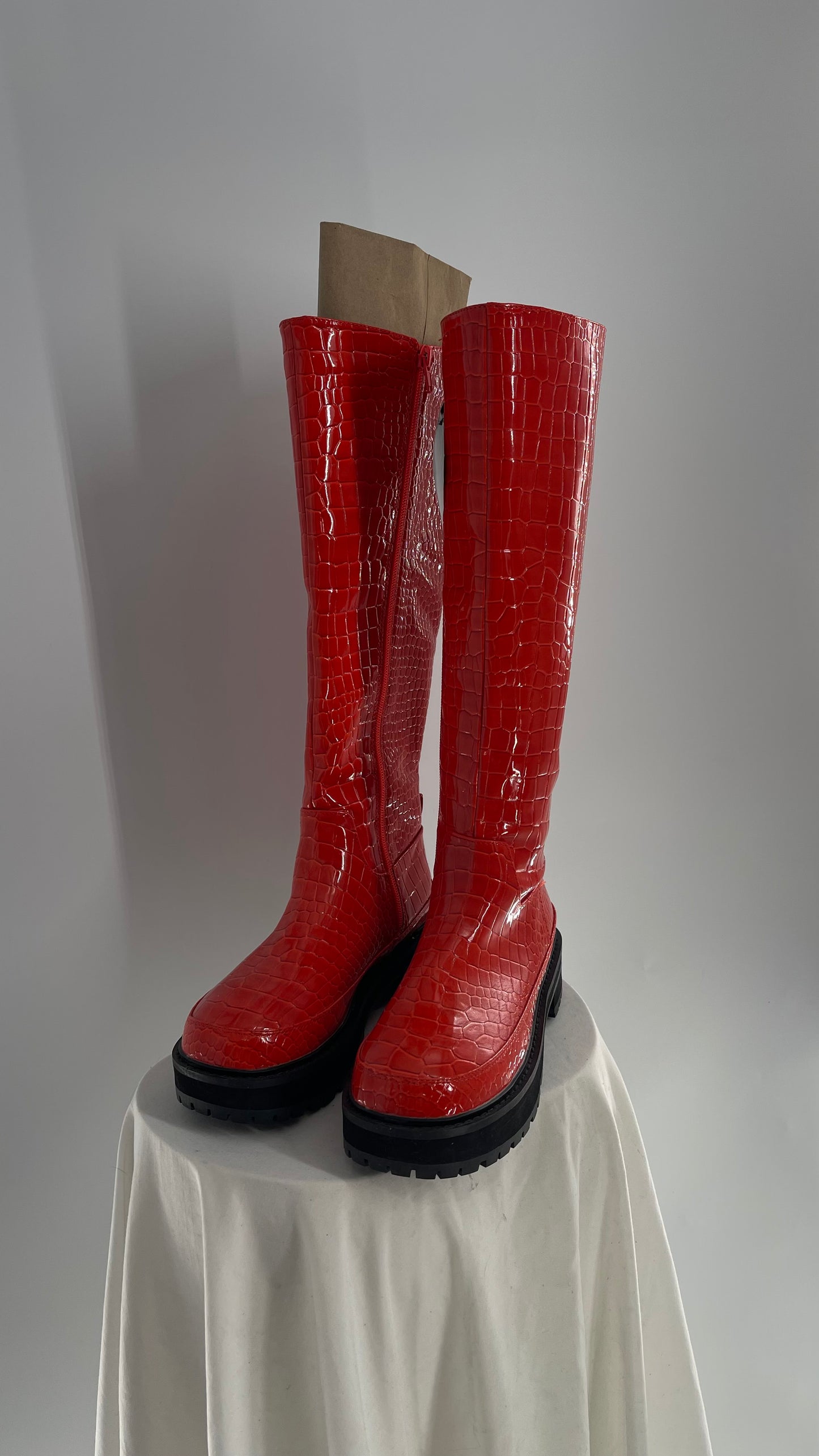 Urban Outfitters Orange Crocodile Embossed Knee High Boots (6)