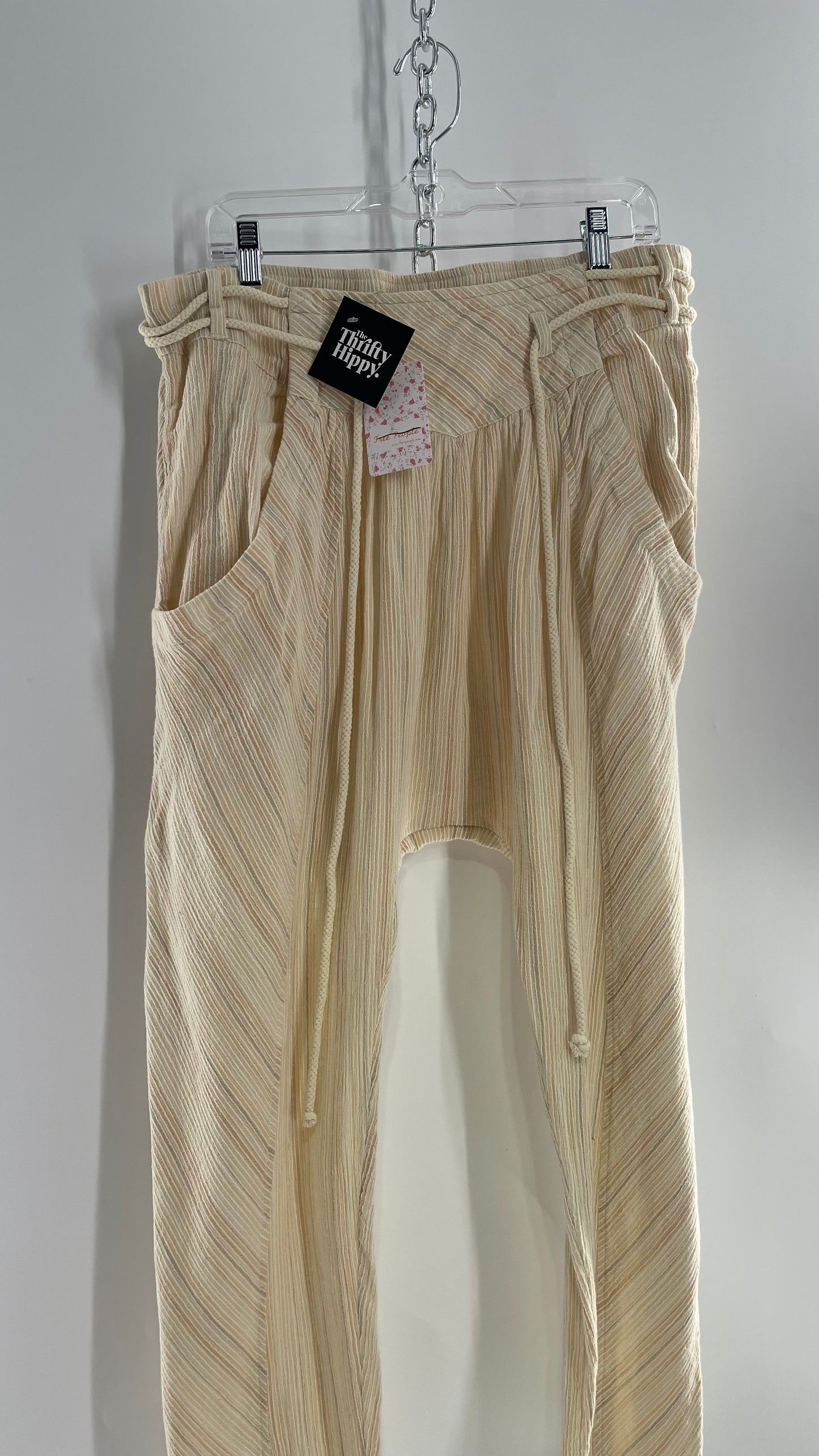 Free People Cream Striped Haram/Drop Crotch/Yoga Rope Belt Pants (XL) with Tags Attached