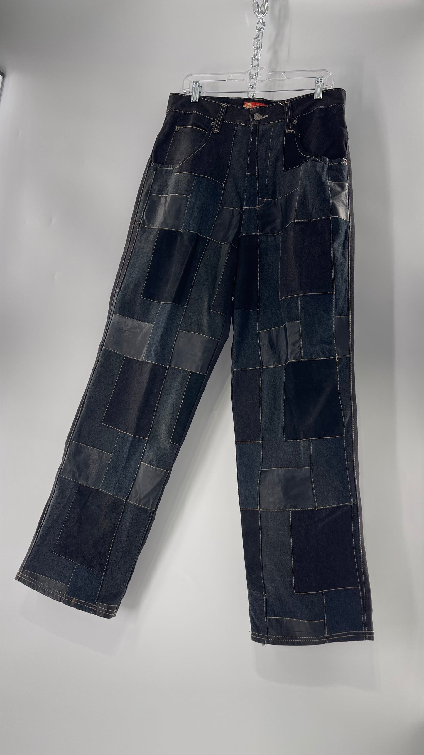 Vintage Original Davoucci Dark Wash Denim with Suede Leather Checker Patchwork Front (34x33)