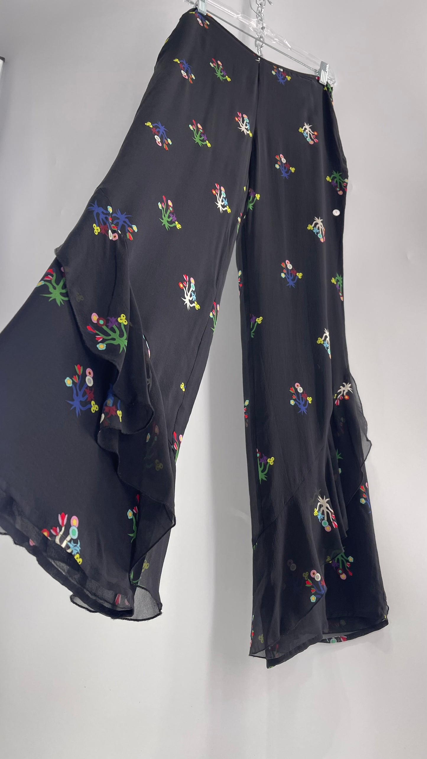 Cynthia Rowley Black Flared Pants with Colorful Abstract Florals, Dual Lining and Ruffle Trim (4)