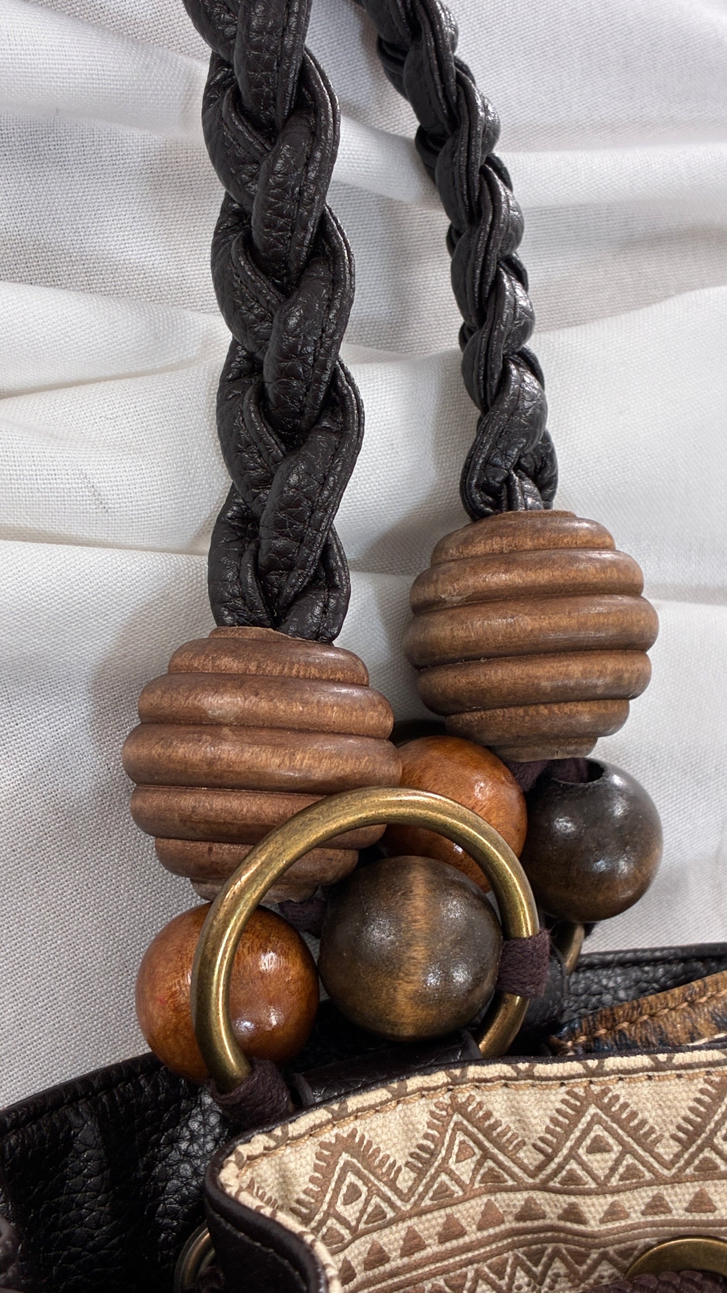 Vintage Oversized Animal Print Slouchy Bag with Braided Leather Strap and Beaded Details