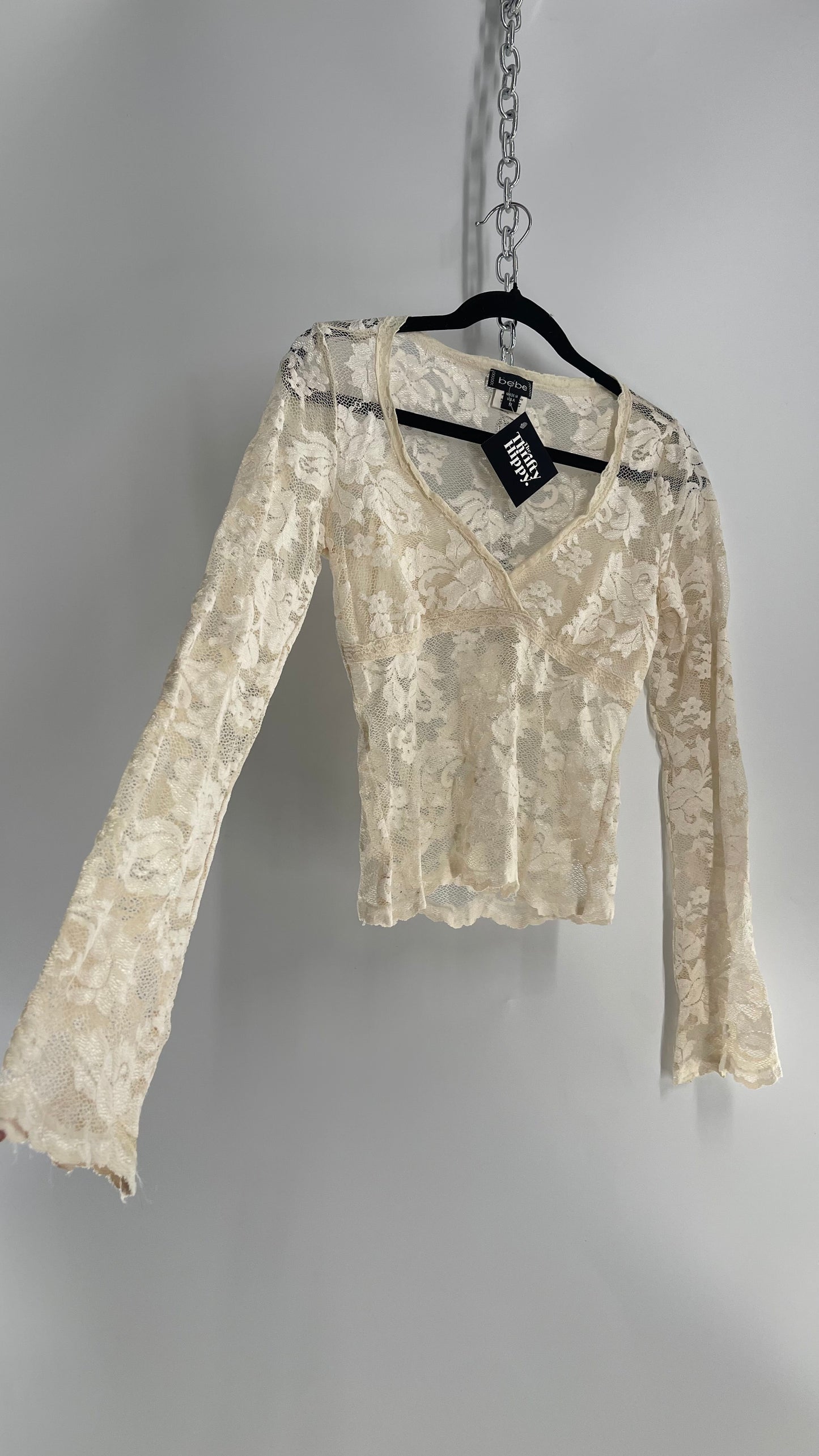 Vintage Bebê Ivory Lace Sheer Bell Sleeve V Neck Blouse (Medium)