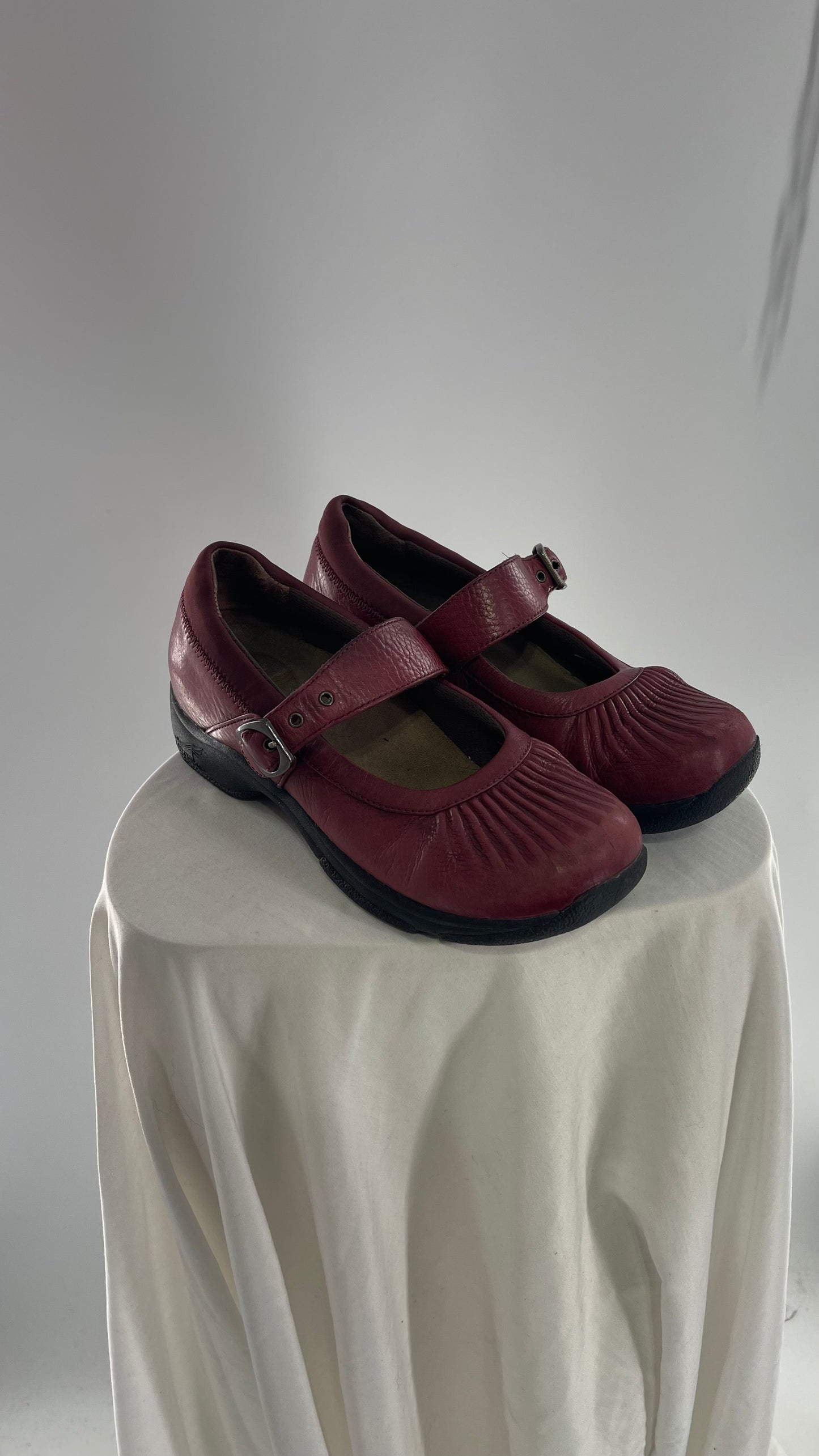 Vintage Red Leather Mary Janes with Pleated Front (38)