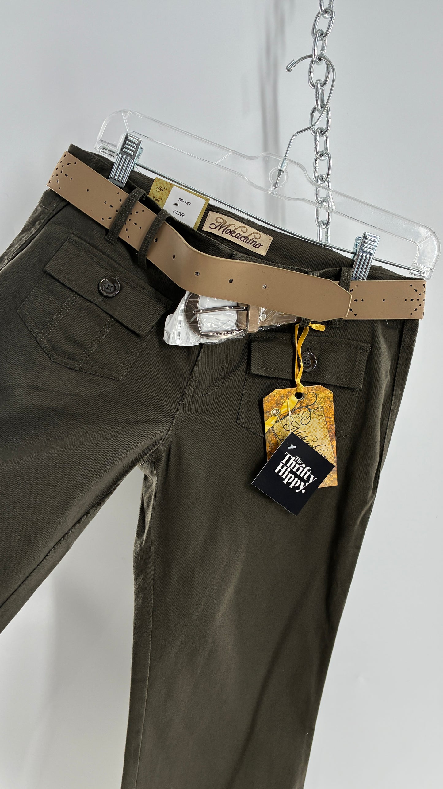 Deadstock Vintage MOKACHINO Olive Green Low Rise Kickflares with Hip/Bum Pockets and Built in Belt (7)
