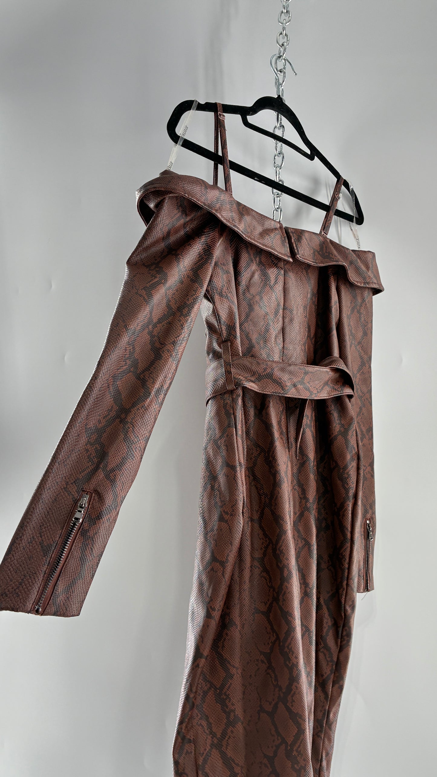 L’ATISTE Snakeskin Vegan Leather Moto Off the Shoulder, Knee High Dress (Medium)