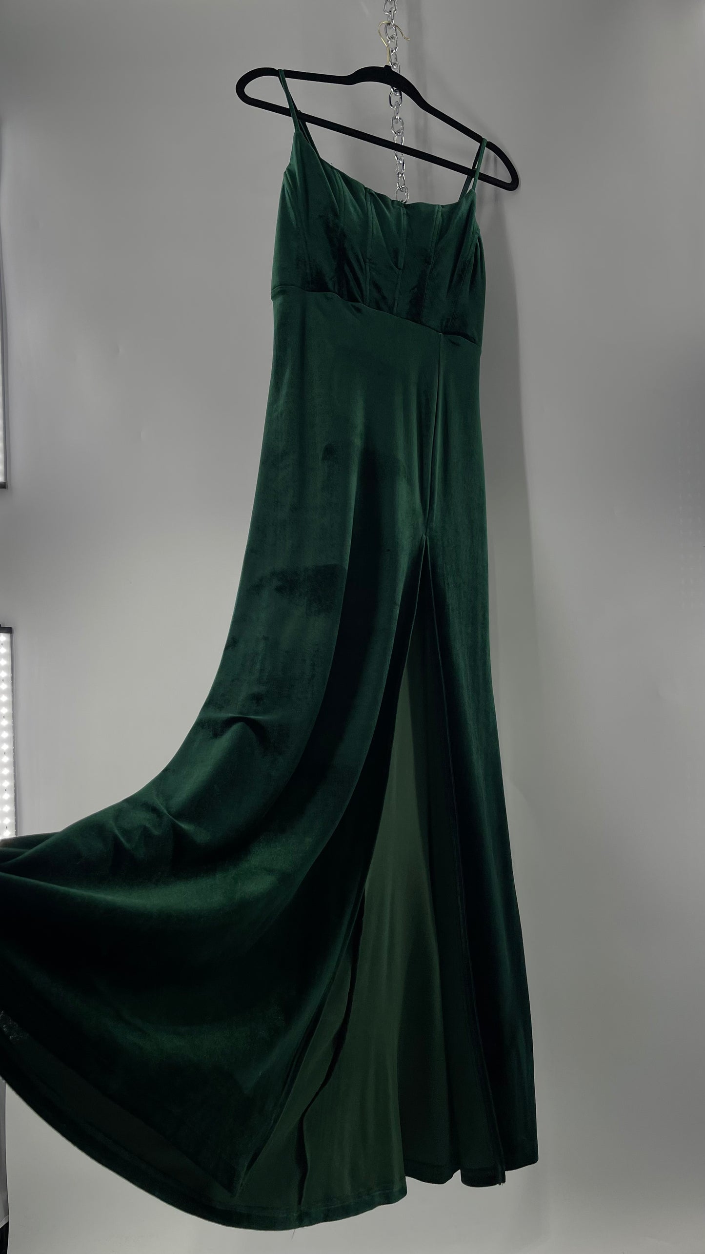 Windsor Forest Green Velvet Maxi Dress with Corseted Bust and Side Slit (11/12)