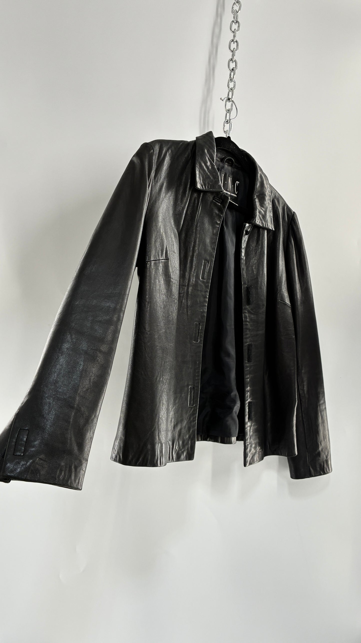 Vintage INC 1990s Black Genuine Ultra Soft Leather Collared Jacket with Velcro Closure Never Worn (Medium)
