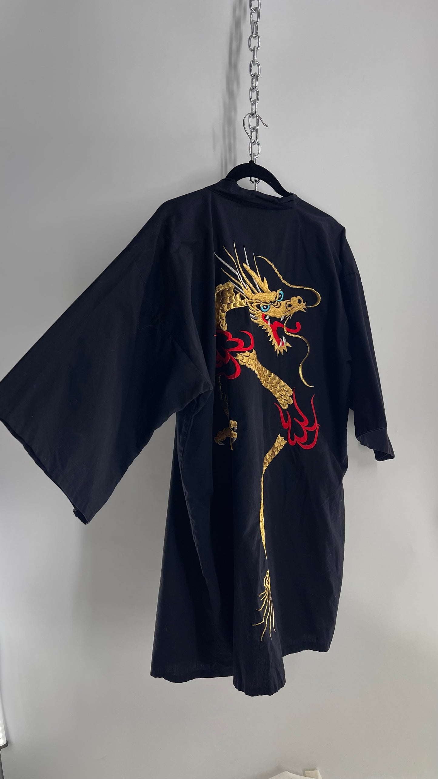 Vintage Japanese Cotton Cape/Kimono/Cardigan Robe with Hand Embroidered Gold Dragon (Small)