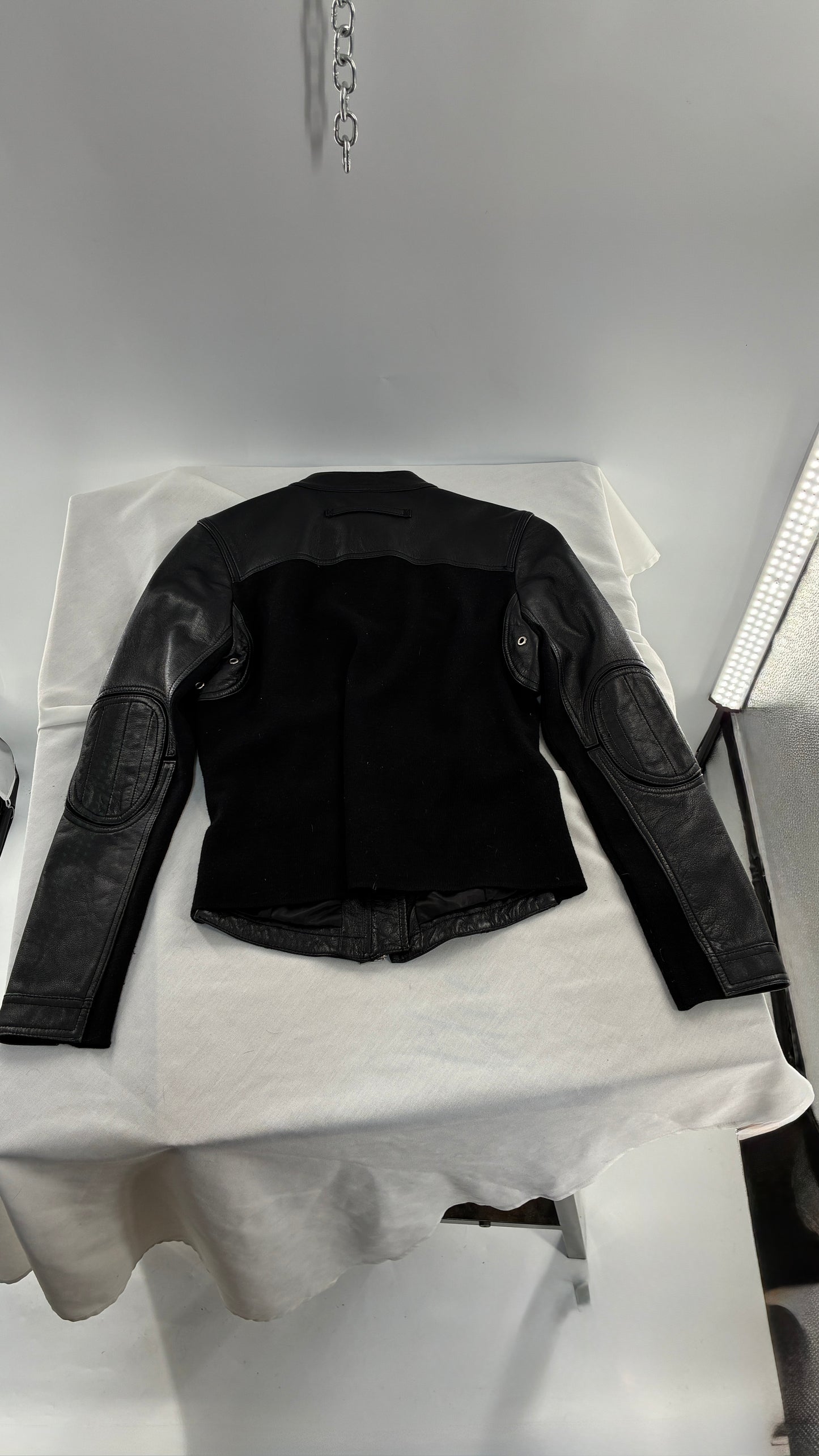 Vintage INC Black Genuine Leather and Wool Blend Paneled Patch Motorcycle Jacket (Medium)