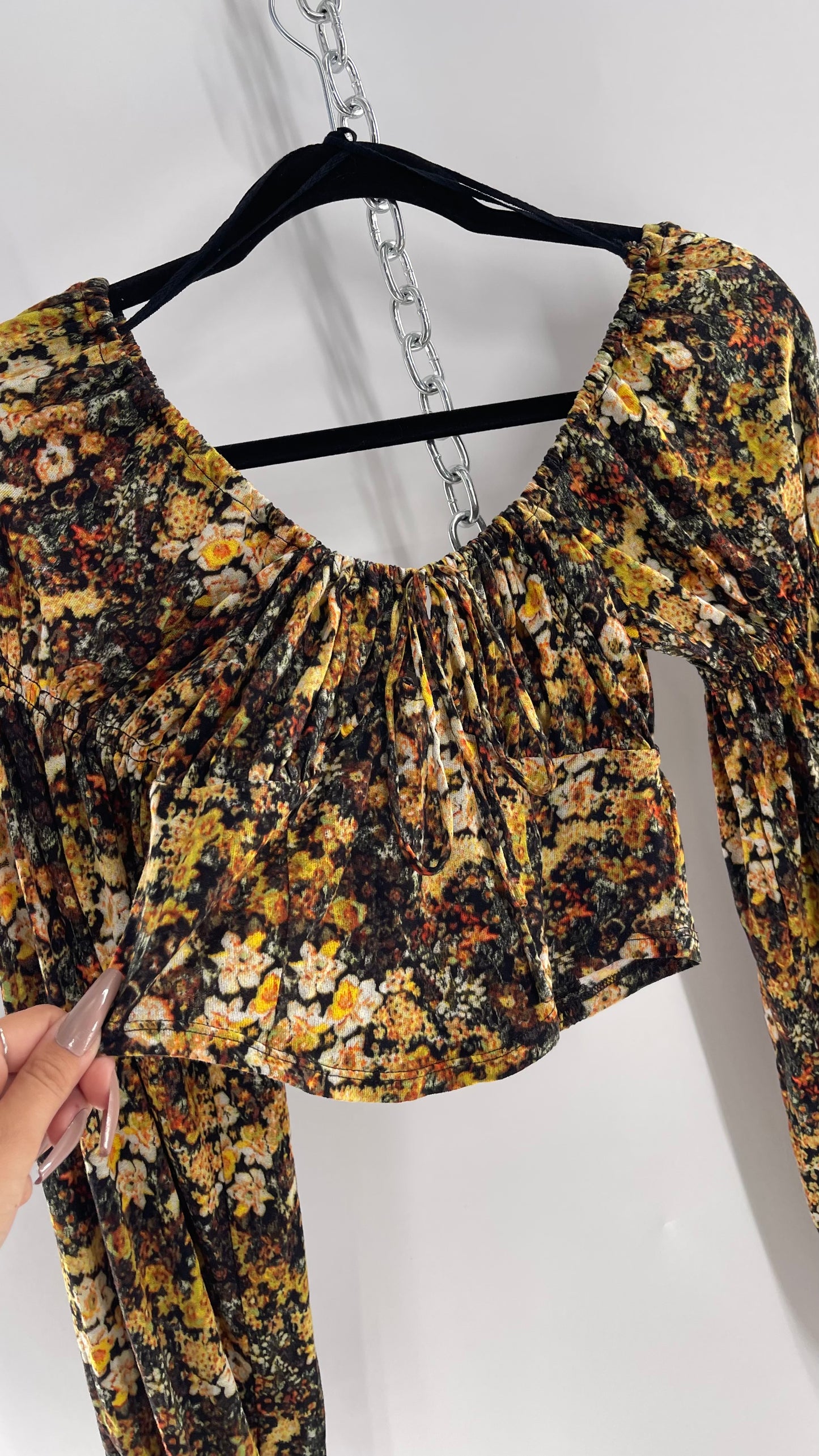 Urban Outfitters Black Yellow Fall Florals Balloon Sleeve Milkmaid Bust Top (Medium)