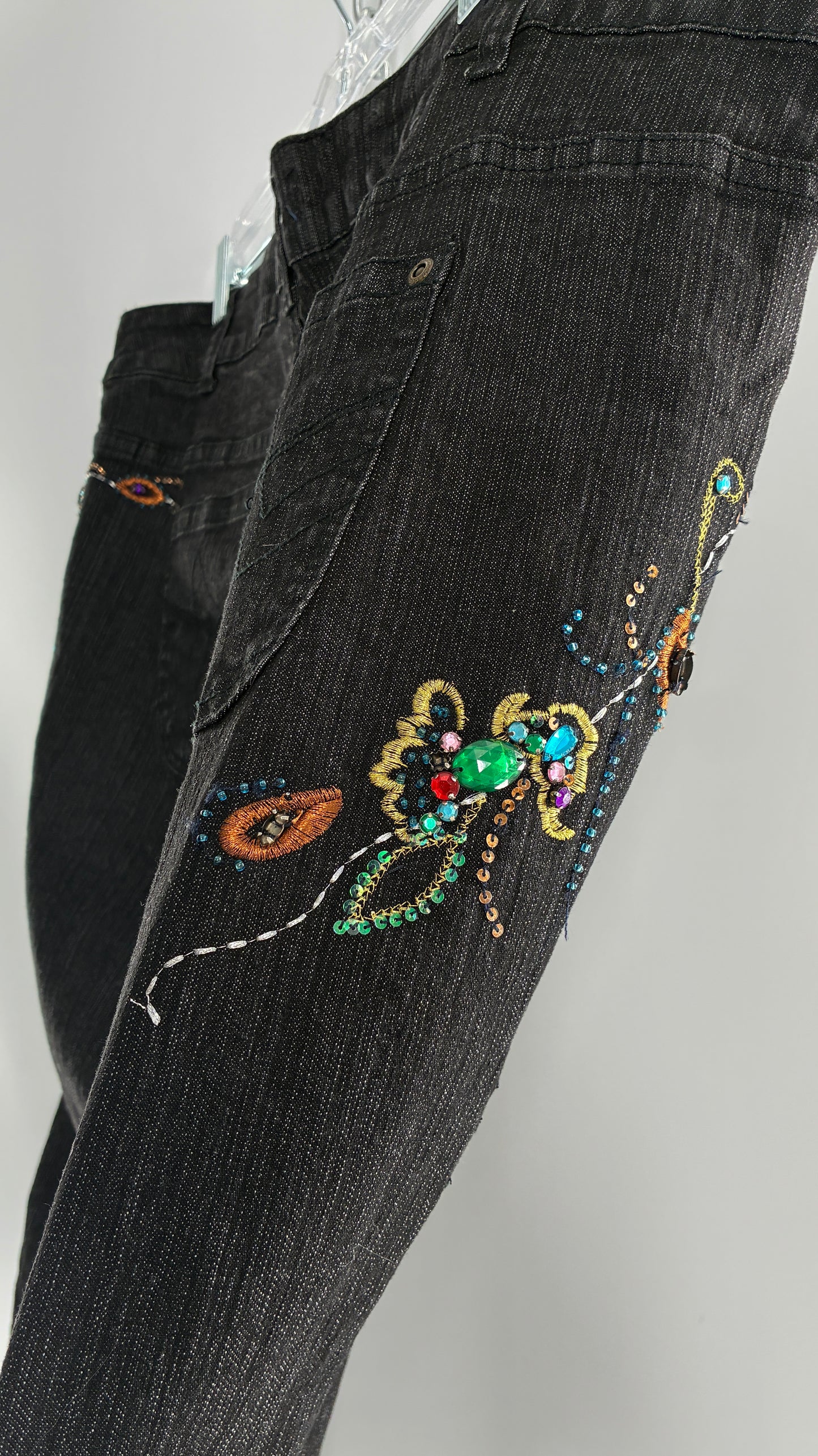 Vintage Grainy Black Denim with Hip to Hem Gemstones and Embroidery (22W)